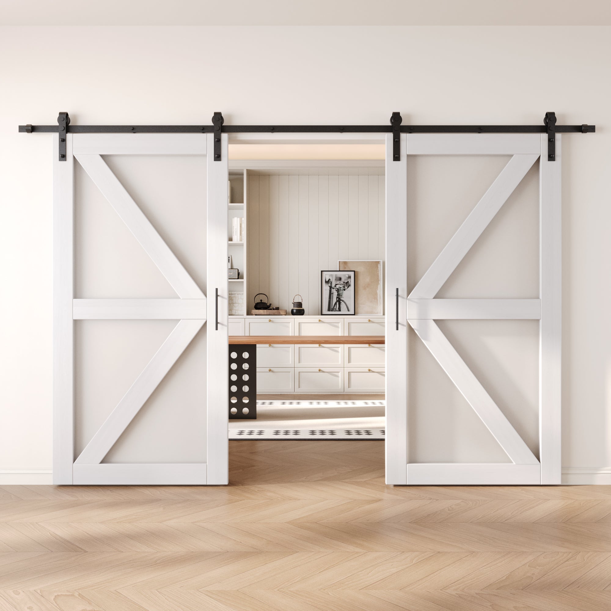 80" Height White Frosted Glass Arrow Design Double Unassembled & Finished Pine Wood Barn Doors with Non-Bypass Installation Hardware Kit (Interior Use Only)