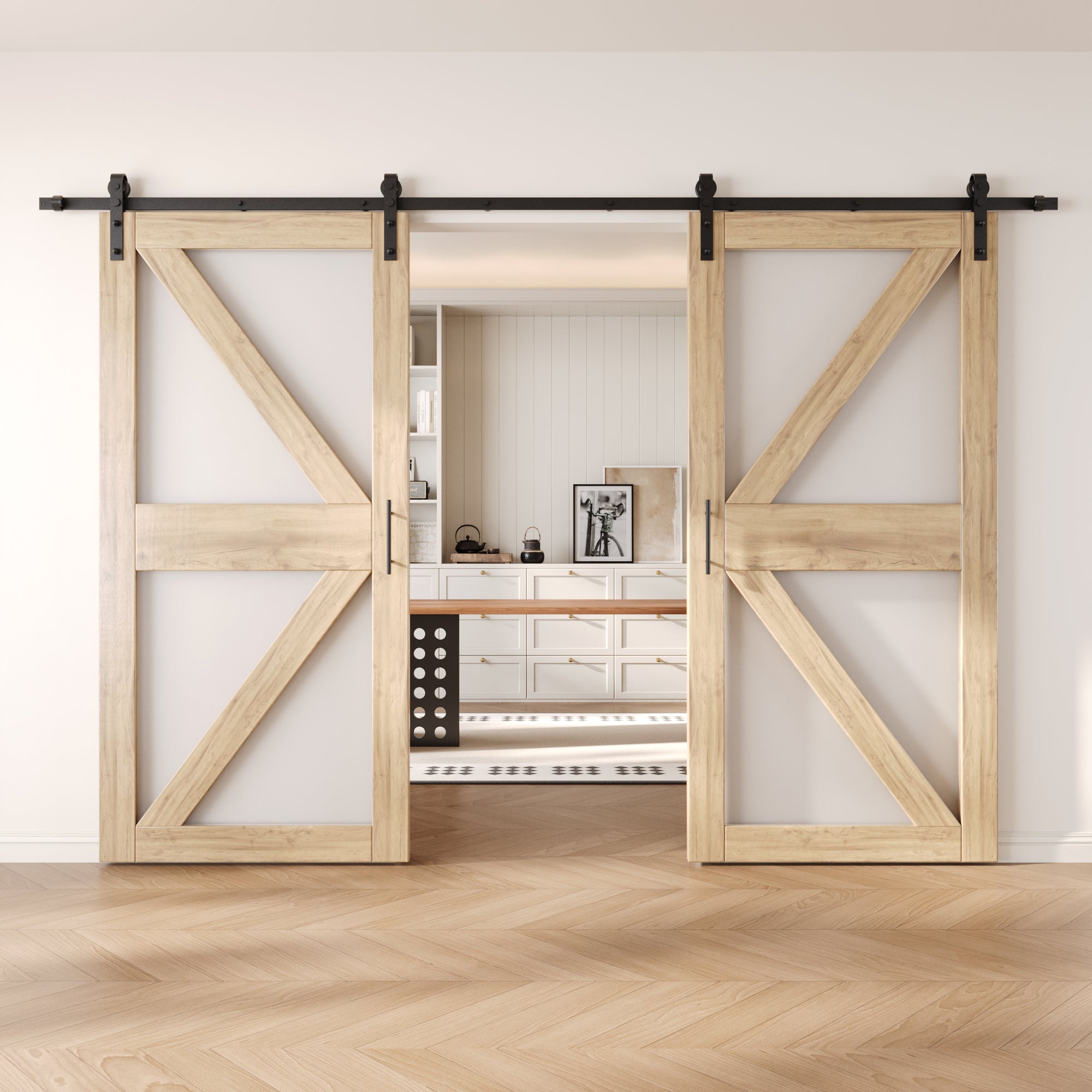 84" Height Arrow Pattern Glass Double Unassembled & Unfinished Pine Wood Barn Doors with Non-Bypass Installation Hardware Kit (Interior Use Only)