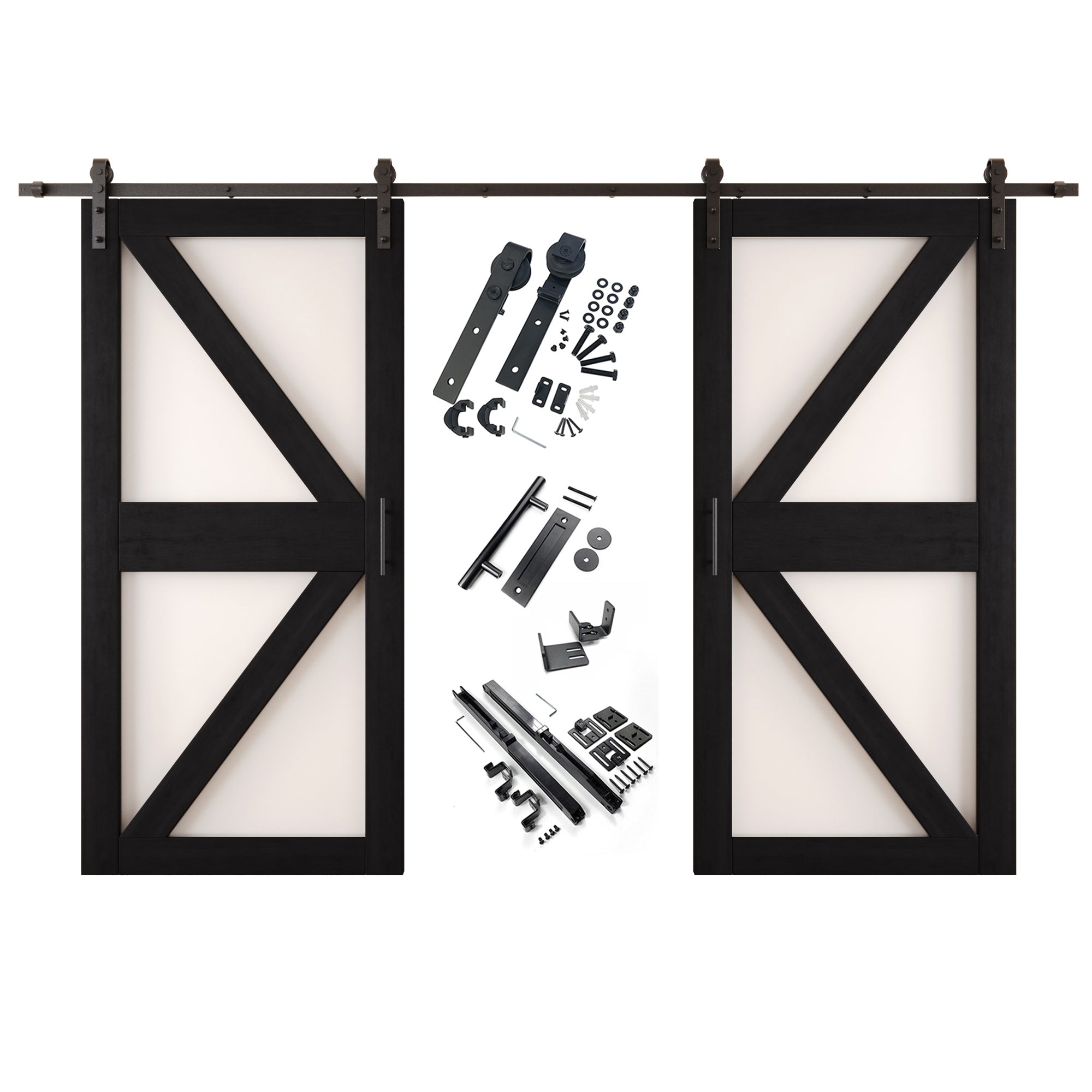 84" Height Black Frosted Glass Arrow Design Double Unassembled & Finished Pine Wood Barn Doors with Non-Bypass Installation Hardware Kit (Interior Use Only)