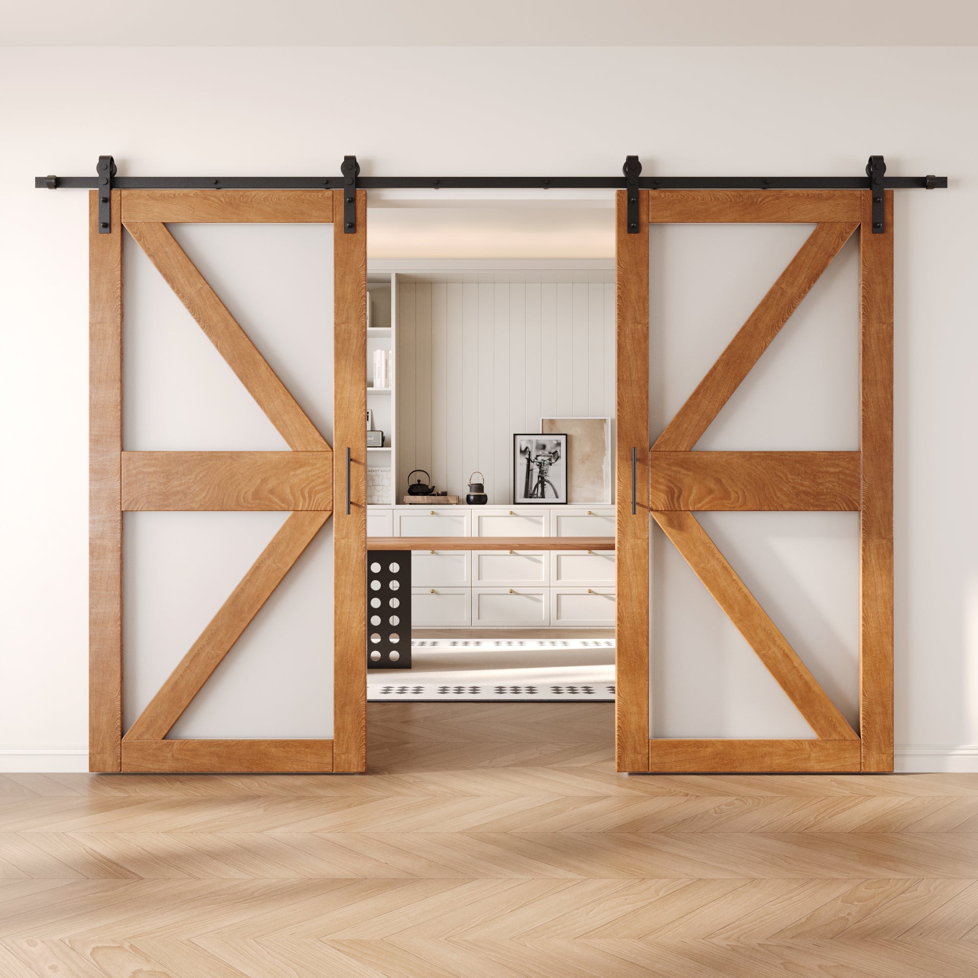 84" Height Early American Frosted Glass Arrow Design Double Unassembled & Finished Pine Wood Barn Doors with Non-Bypass Installation Hardware Kit (Interior Use Only)