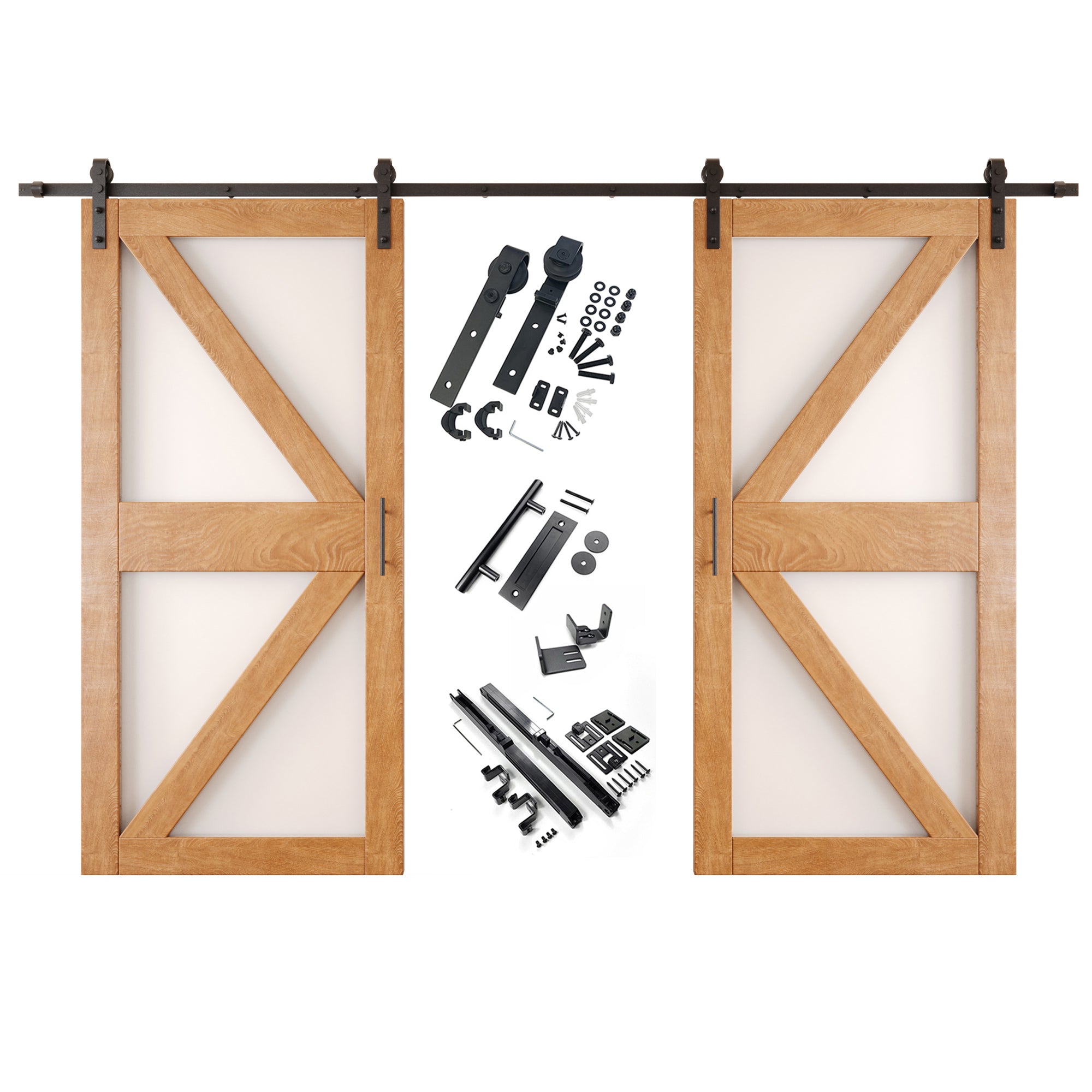 84" Height Early American Frosted Glass Arrow Design Double Unassembled & Finished Pine Wood Barn Doors with Non-Bypass Installation Hardware Kit (Interior Use Only)