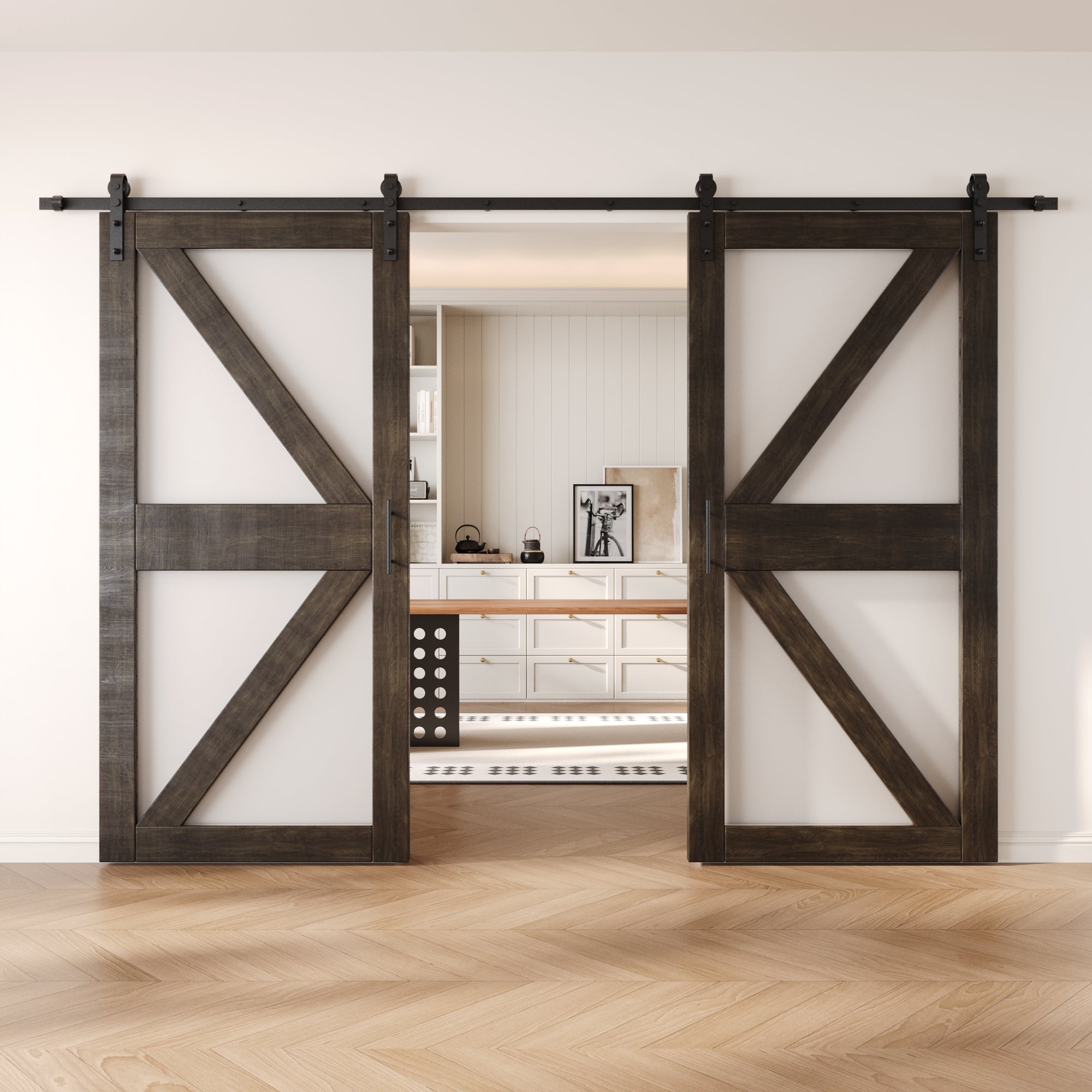 84" Height Ebony Arrow Pattern Glass Double Unassembled & Finished Pine Wood Barn Doors with Non-Bypass Installation Hardware Kit (Interior Use Only)