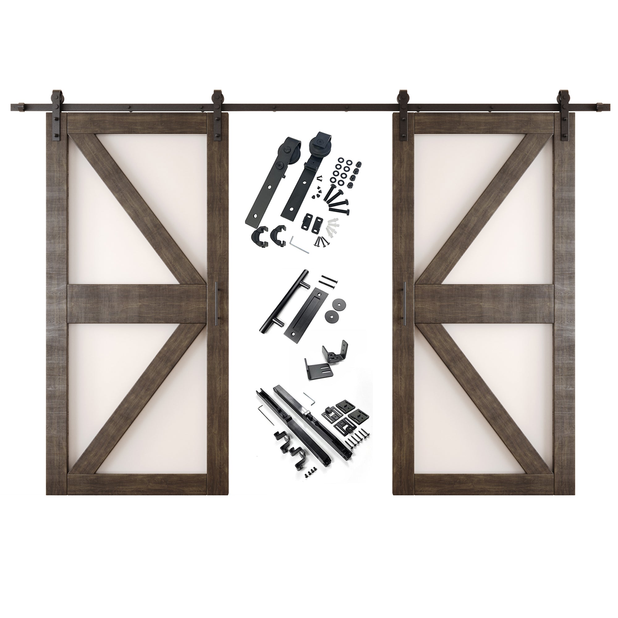84" Height Ebony Arrow Pattern Glass Double Unassembled & Finished Pine Wood Barn Doors with Non-Bypass Installation Hardware Kit (Interior Use Only)