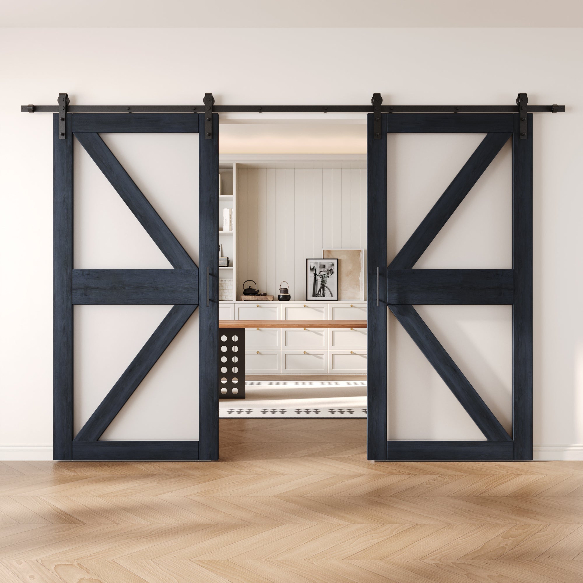 84" Height Navy Arrow Pattern Glass Double Unassembled & Finished Pine Wood Barn Doors with Non-Bypass Installation Hardware Kit (Interior Use Only)