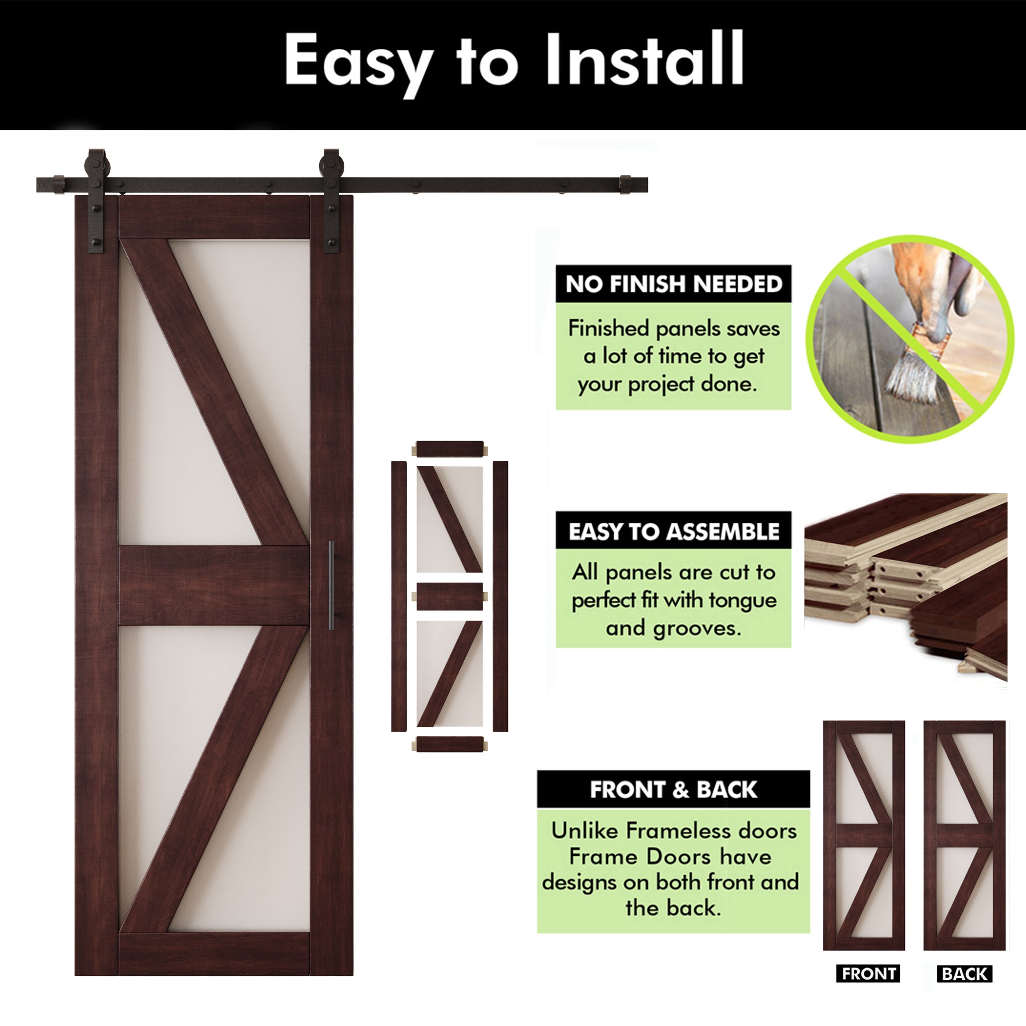 84" Height Red Mahogany Arrow Pattern Glass Double Unassembled & Finished Pine Wood Barn Doors with Non-Bypass Installation Hardware Kit (Interior Use Only)