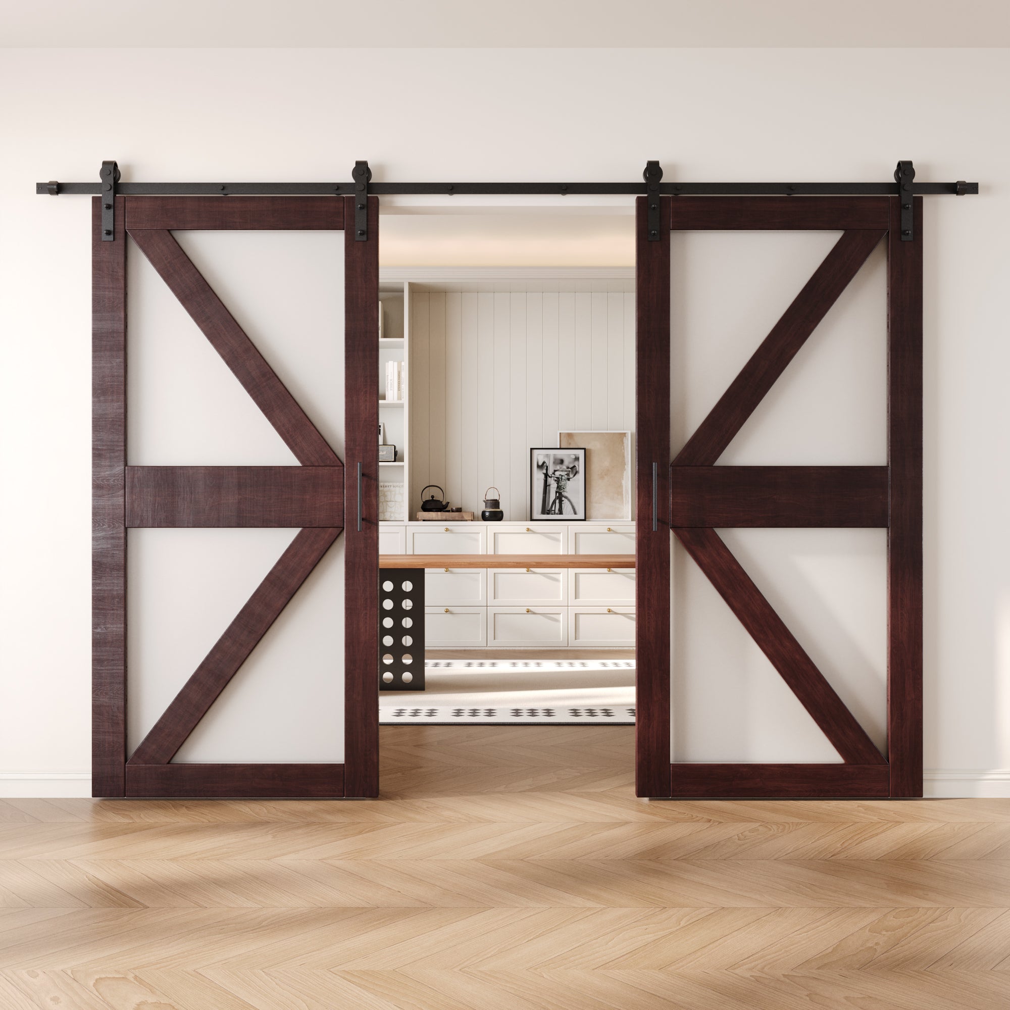 84" Height Red Mahogany Arrow Pattern Glass Double Unassembled & Finished Pine Wood Barn Doors with Non-Bypass Installation Hardware Kit (Interior Use Only)