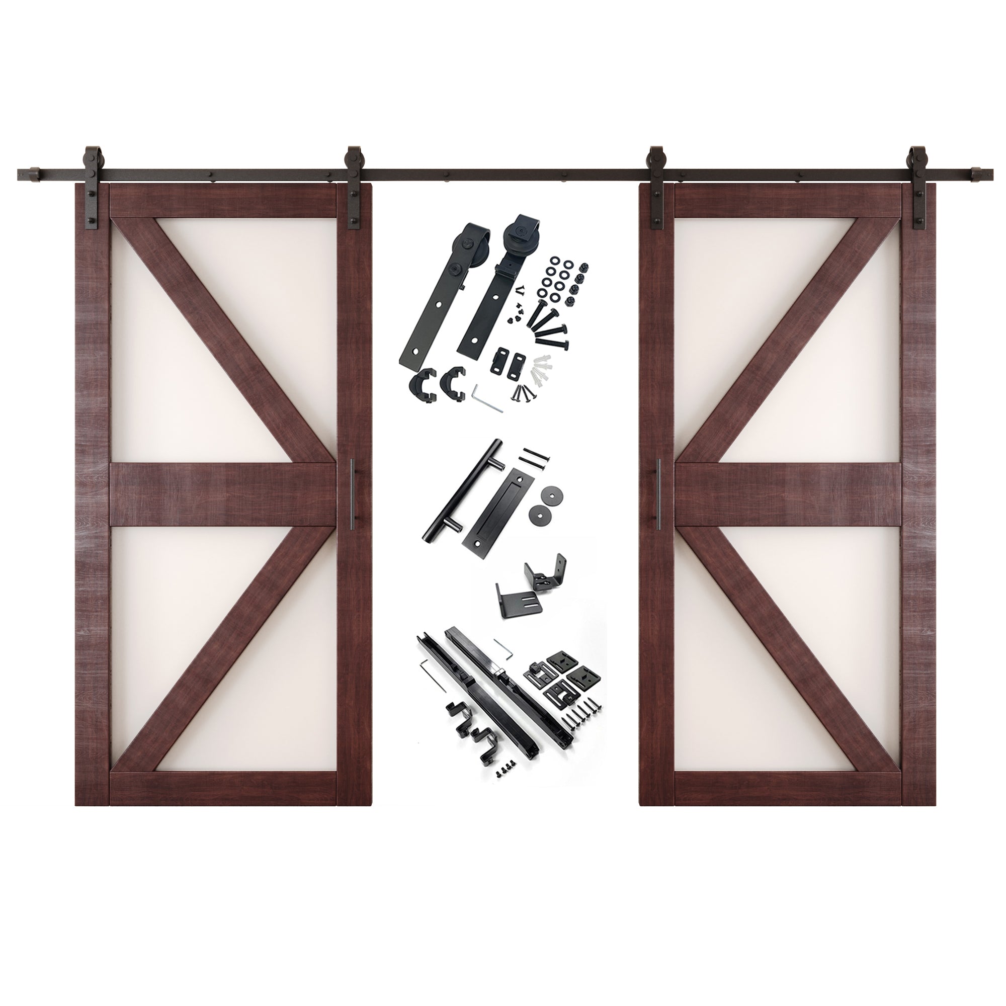 84" Height Red Mahogany Arrow Pattern Glass Double Unassembled & Finished Pine Wood Barn Doors with Non-Bypass Installation Hardware Kit (Interior Use Only)