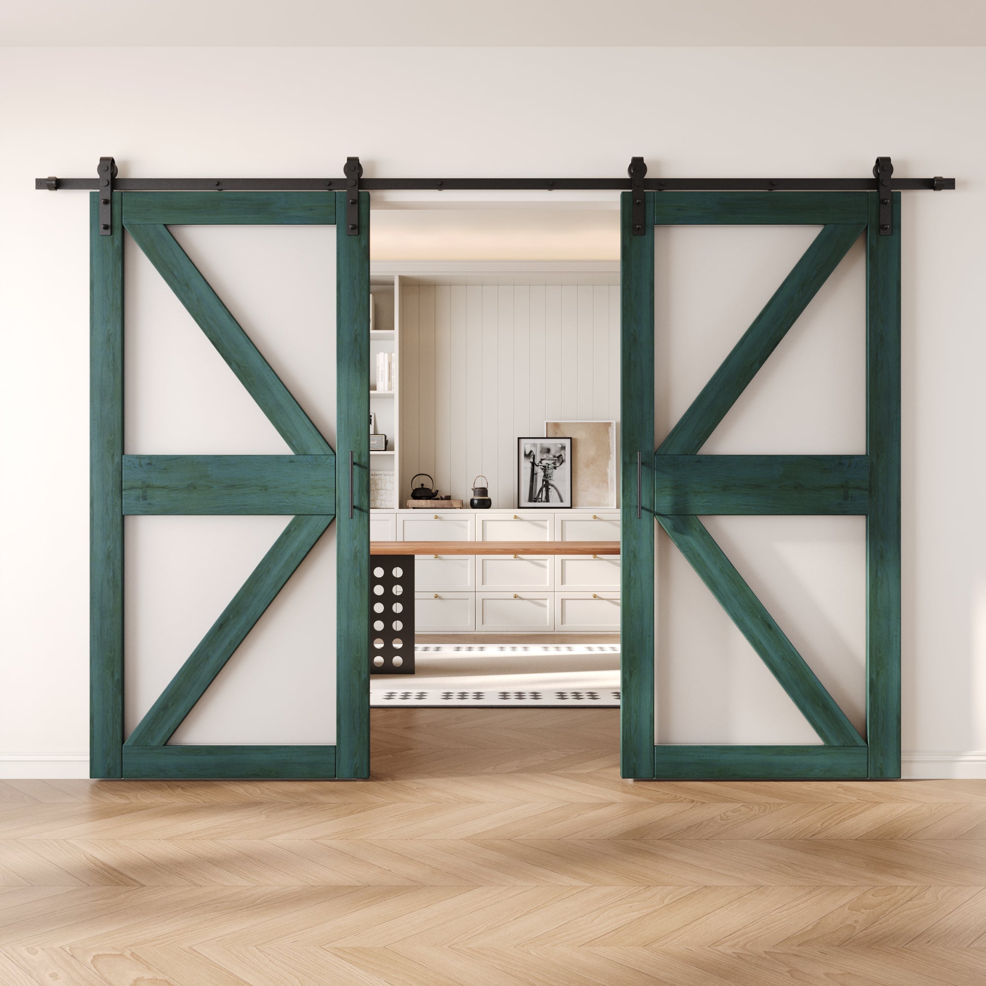 84" Height Royal Pine Arrow Pattern Glass Double Unassembled & Finished Pine Wood Barn Doors with Non-Bypass Installation Hardware Kit (Interior Use Only)
