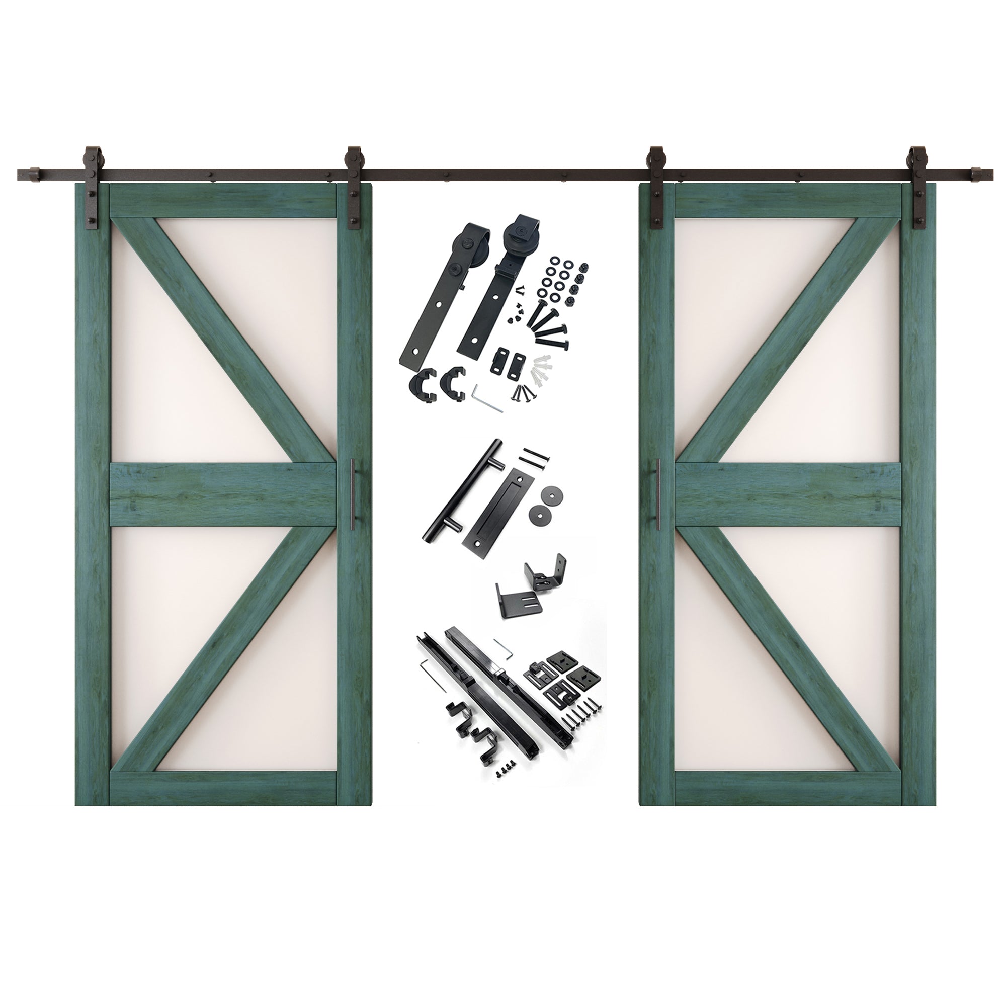84" Height Royal Pine Arrow Pattern Glass Double Unassembled & Finished Pine Wood Barn Doors with Non-Bypass Installation Hardware Kit (Interior Use Only)
