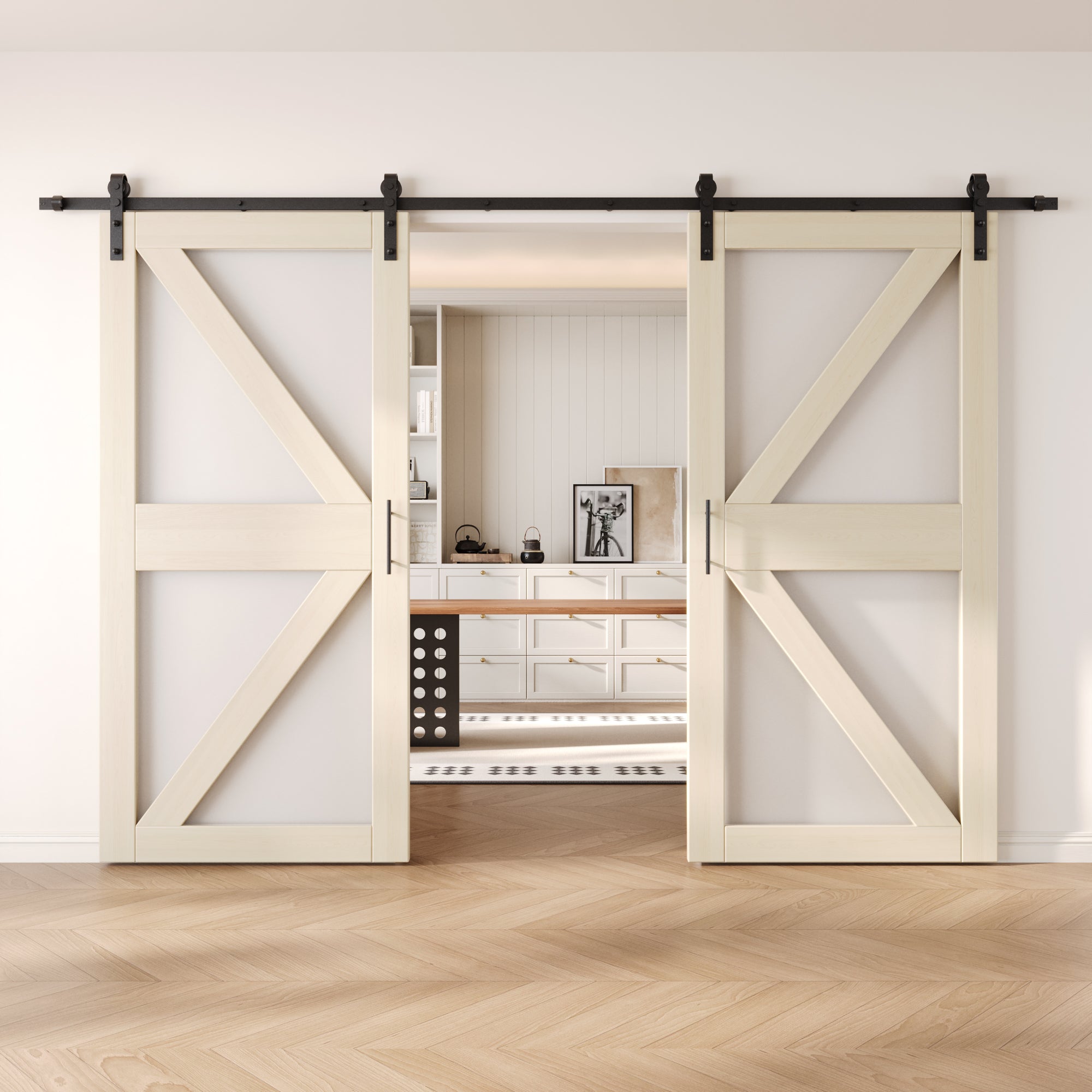 84" Height Tinsmith Gray Arrow Pattern Glass Double Unassembled & Finished Pine Wood Barn Doors with Non-Bypass Installation Hardware Kit (Interior Use Only)