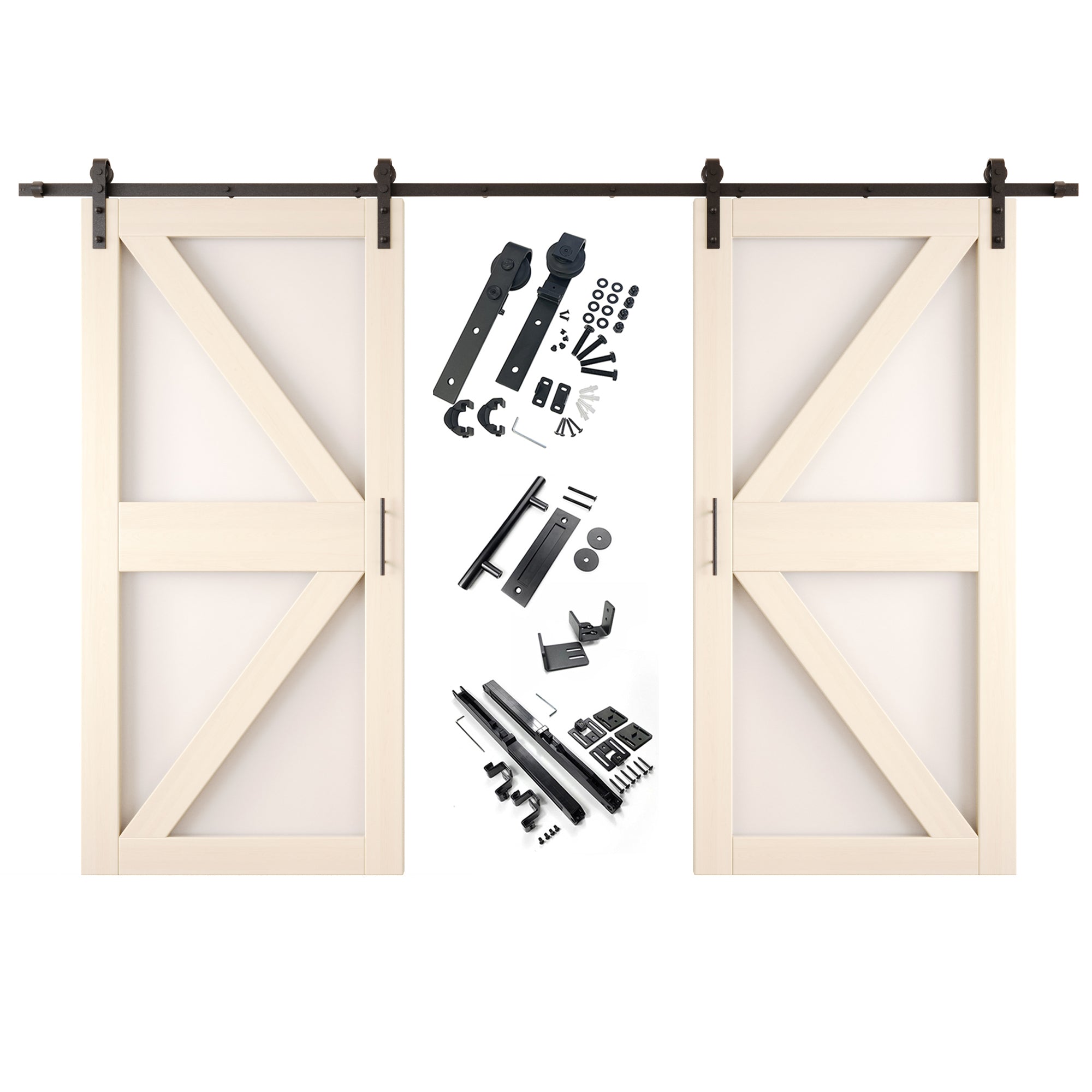 84" Height Tinsmith Gray Arrow Pattern Glass Double Unassembled & Finished Pine Wood Barn Doors with Non-Bypass Installation Hardware Kit (Interior Use Only)
