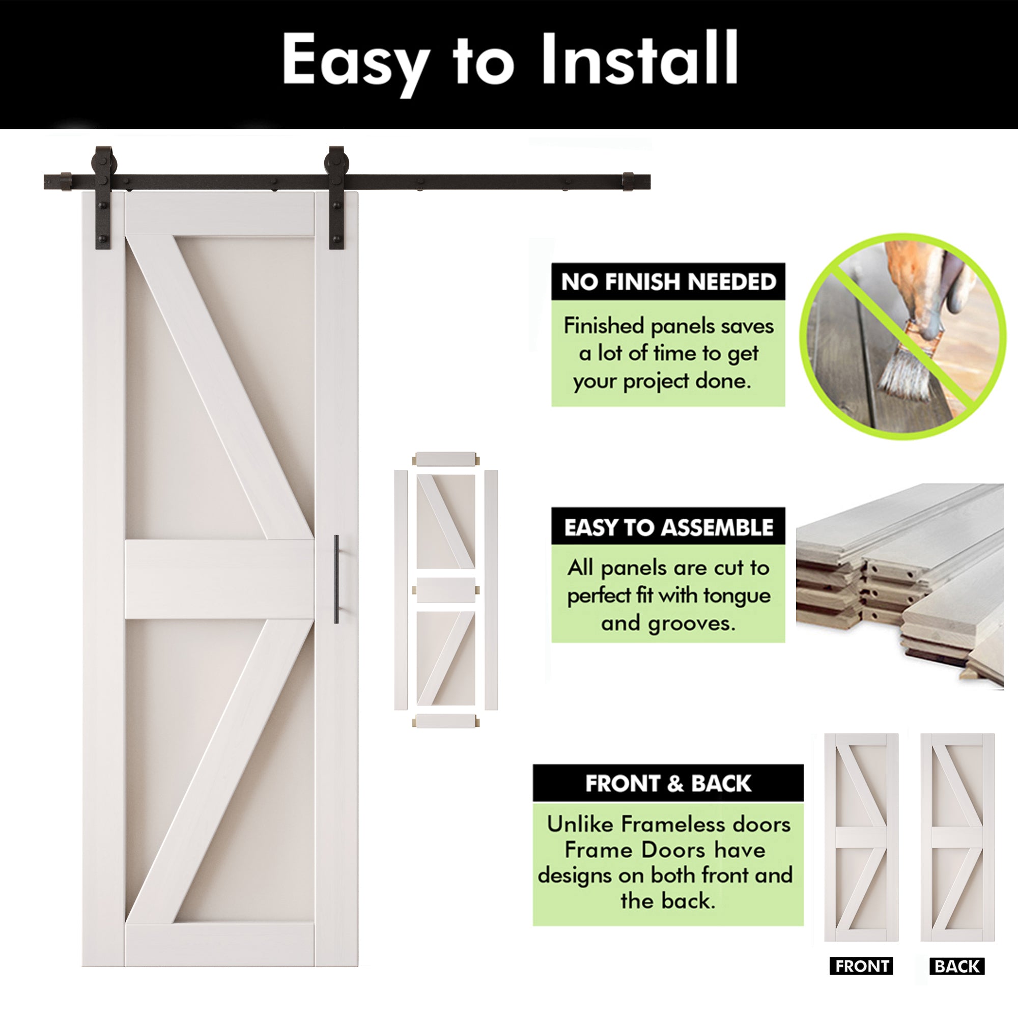 84" Height White Arrow Pattern Glass Double Unassembled & Finished Pine Wood Barn Doors with Non-Bypass Installation Hardware Kit (Interior Use Only)