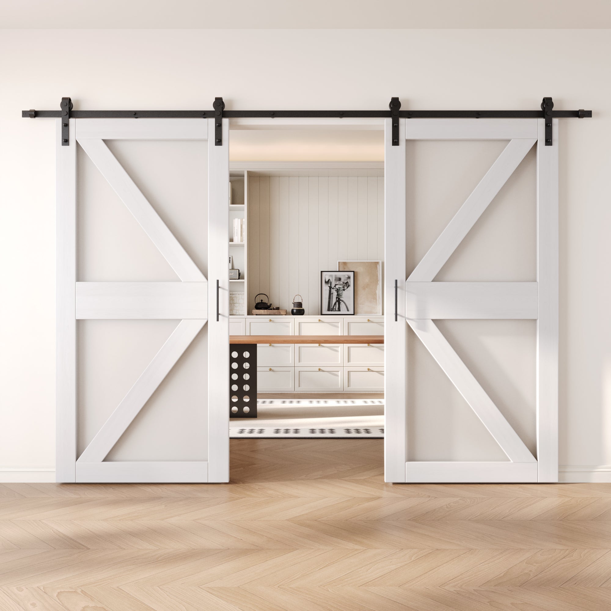 84" Height White Arrow Pattern Glass Double Unassembled & Finished Pine Wood Barn Doors with Non-Bypass Installation Hardware Kit (Interior Use Only)