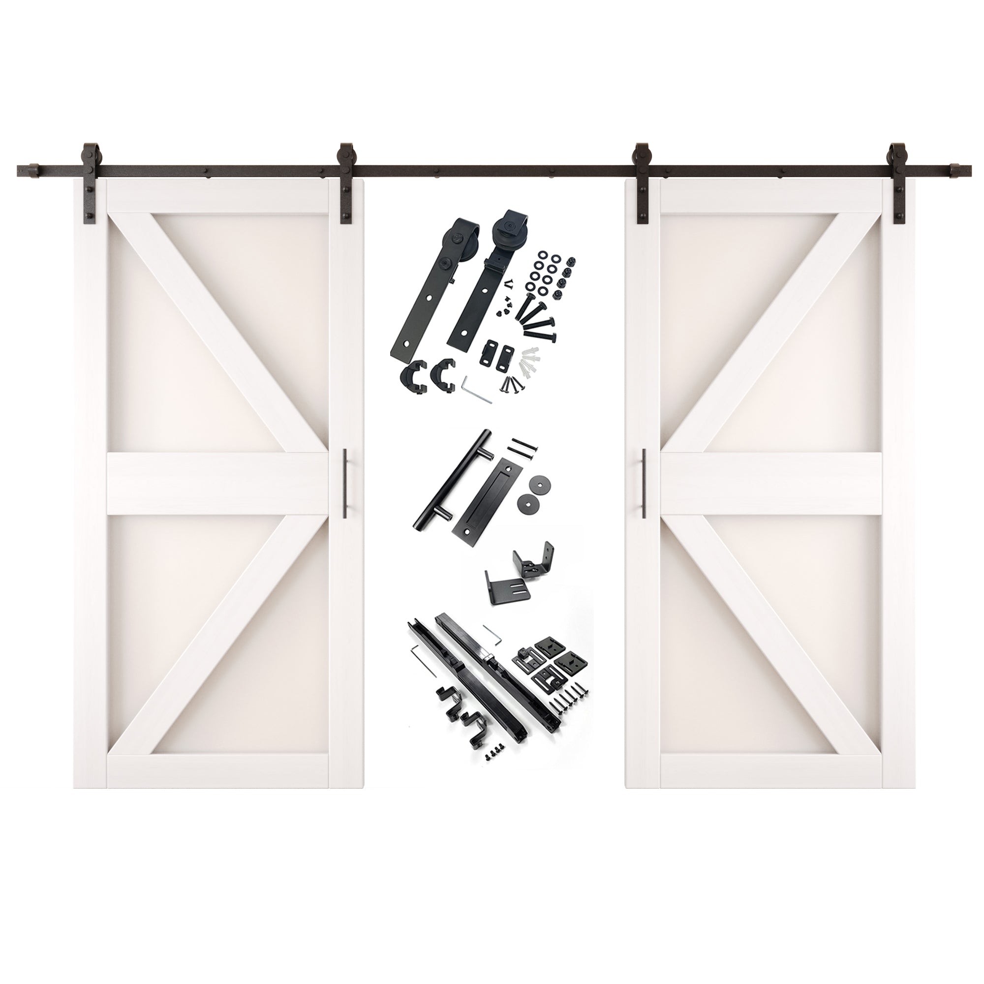 84" Height White Arrow Pattern Glass Double Unassembled & Finished Pine Wood Barn Doors with Non-Bypass Installation Hardware Kit (Interior Use Only)