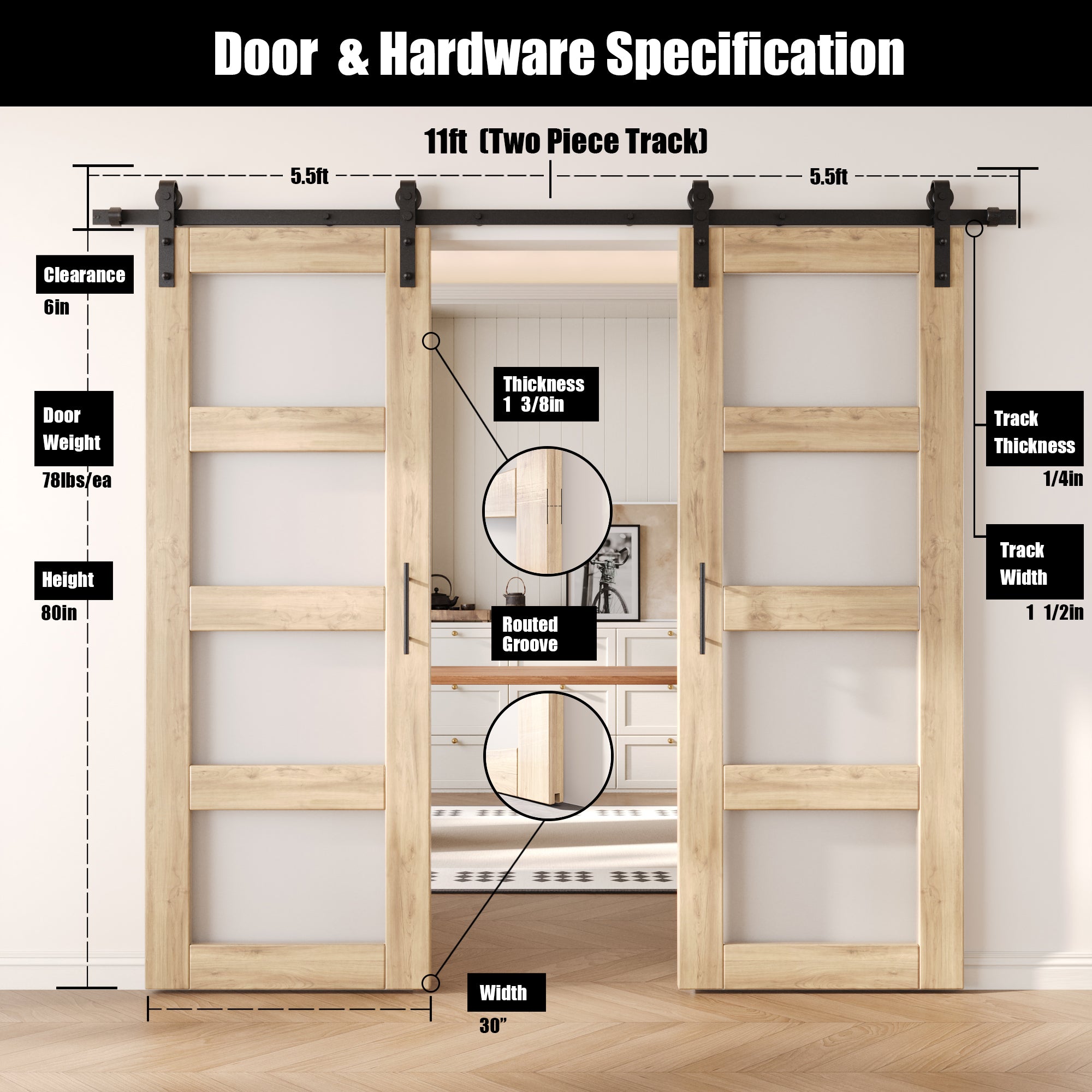 80" Height 4-Lite Frosted Glass Double Unassembled & Unfinished Pine Wood Barn Doors with Non-Bypass Installation Hardware Kit (Interior Use Only)