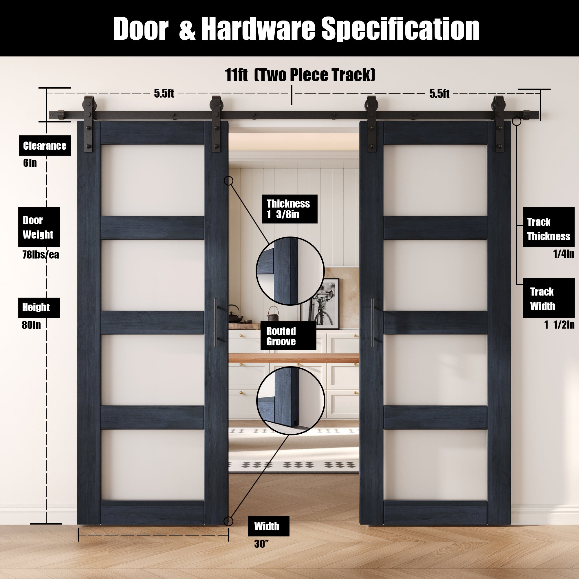 80" Height Navy 4-Lite Frosted Glass Double Unassembled & Finished Pine Wood Barn Doors with Non-Bypass Installation Hardware Kit (Interior Use Only)