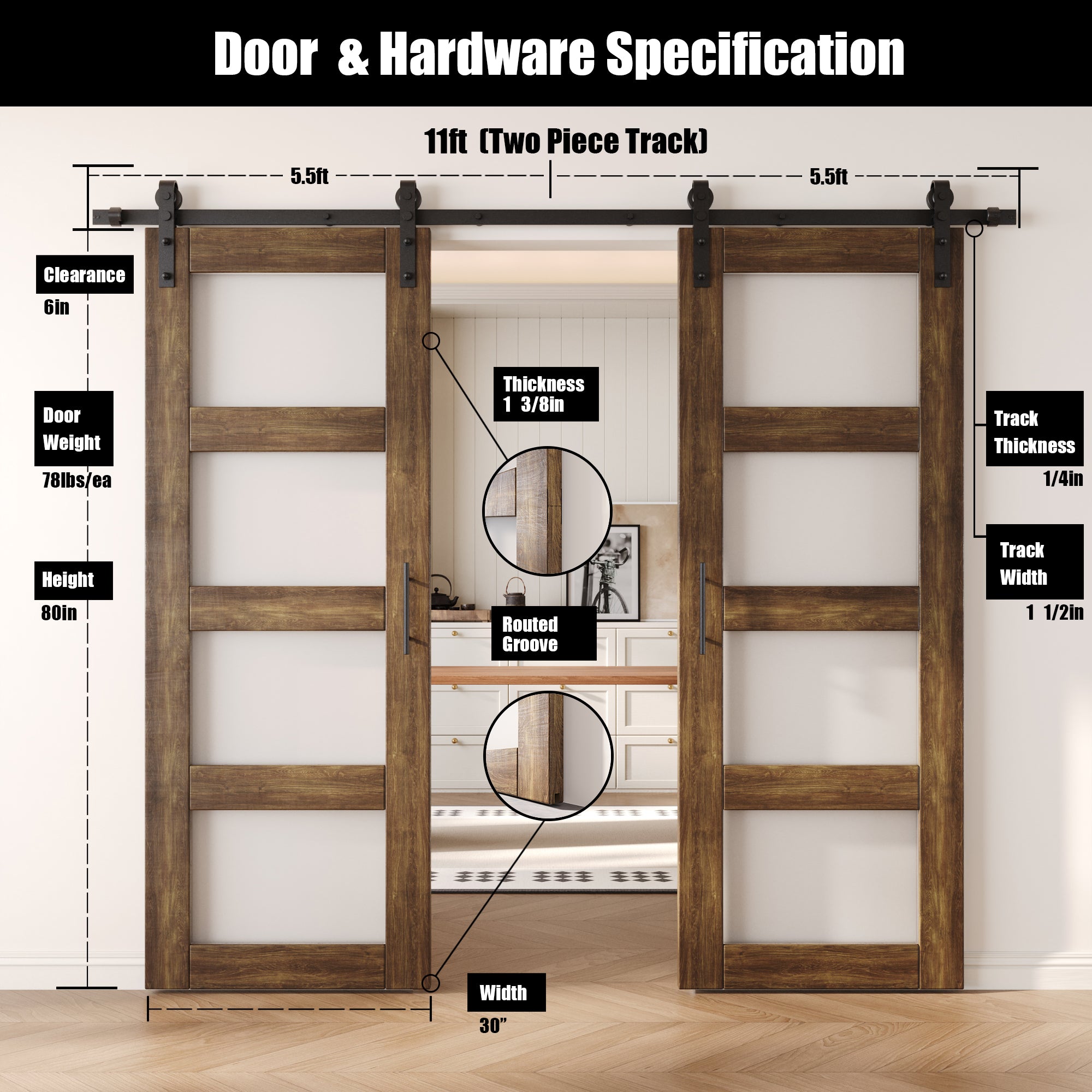 80" Height Dark Walnut 4-Lite Frosted Glass Double Unassembled & Finished Pine Wood Barn Doors with Non-Bypass Installation Hardware Kit (Interior Use Only)