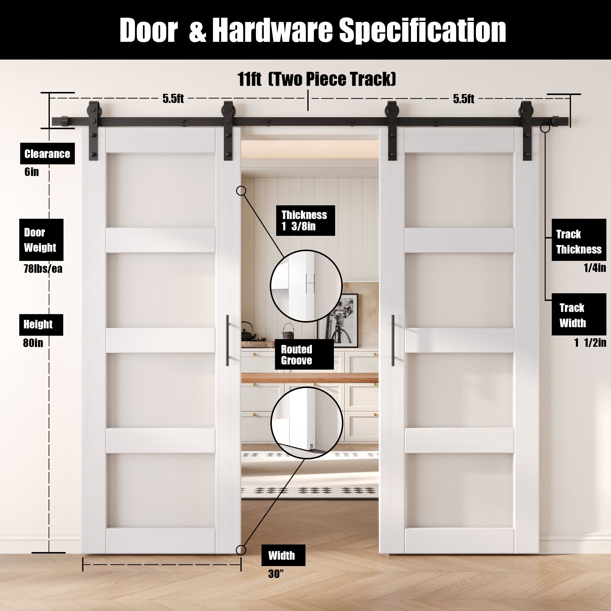 80" Height White 4-Lite Frosted Glass Double Unassembled & Finished Pine Wood Barn Doors with Non-Bypass Installation Hardware Kit (Interior Use Only)