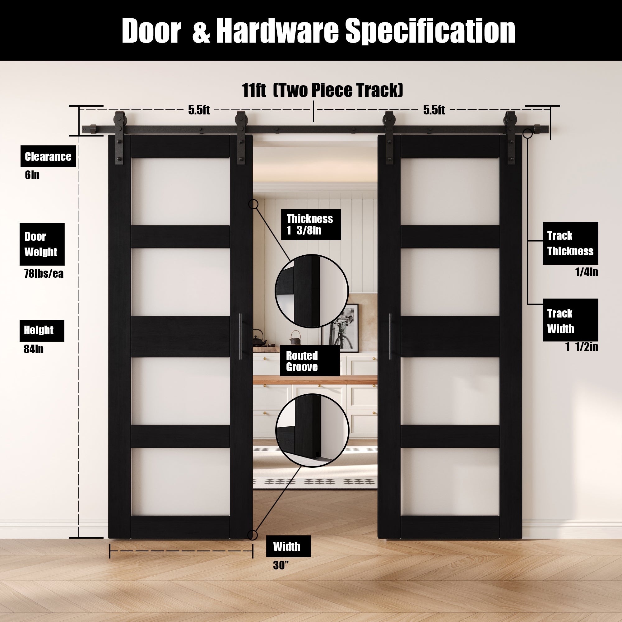 84" Height Black 4-Lite Frosted Glass Double Unassembled & Finished Pine Wood Barn Doors with Non-Bypass Installation Hardware Kit (Interior Use Only)