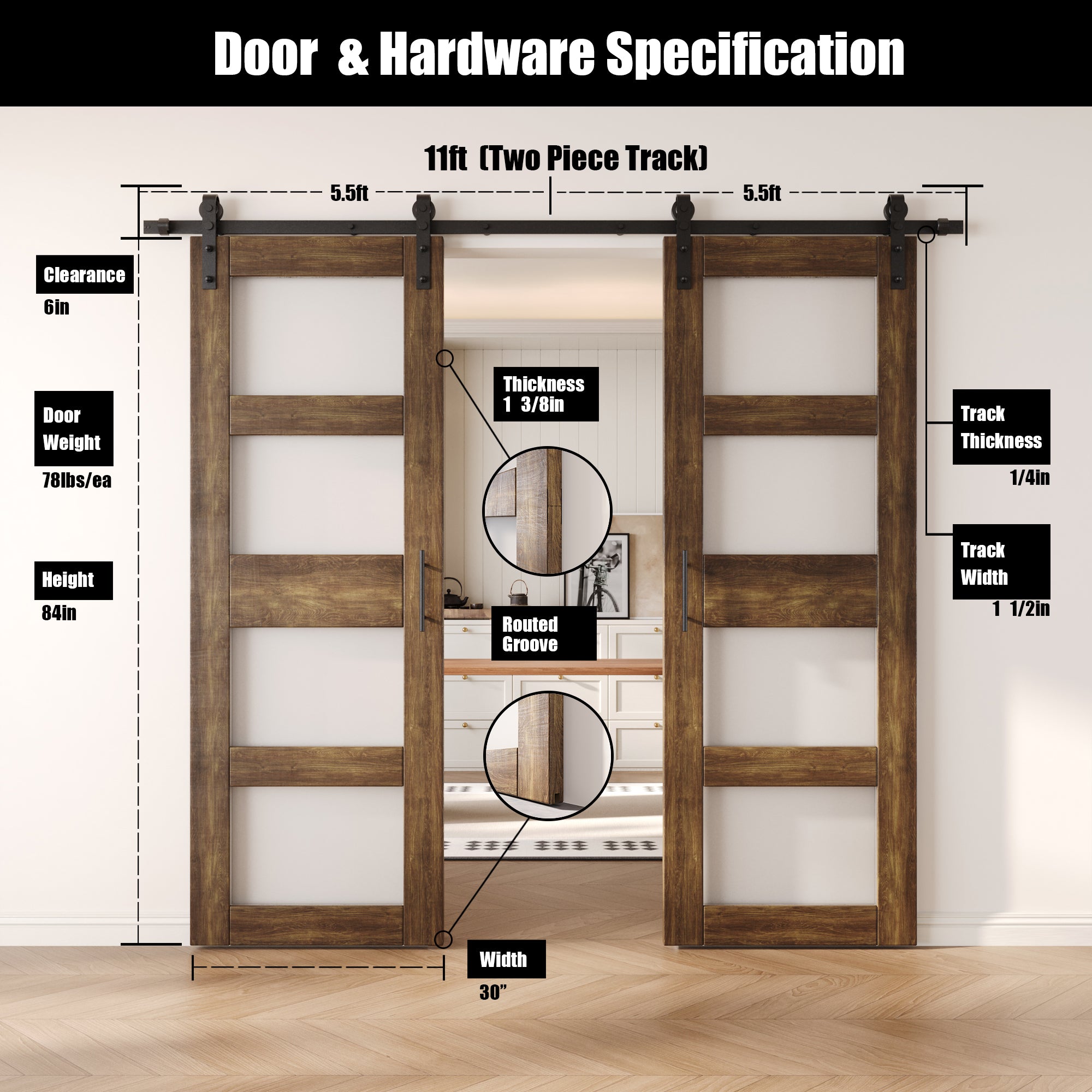 84" Height Dark Walnut 4-Lite Frosted Glass Double Unassembled & Finished Pine Wood Barn Doors with Non-Bypass Installation Hardware Kit (Interior Use Only)