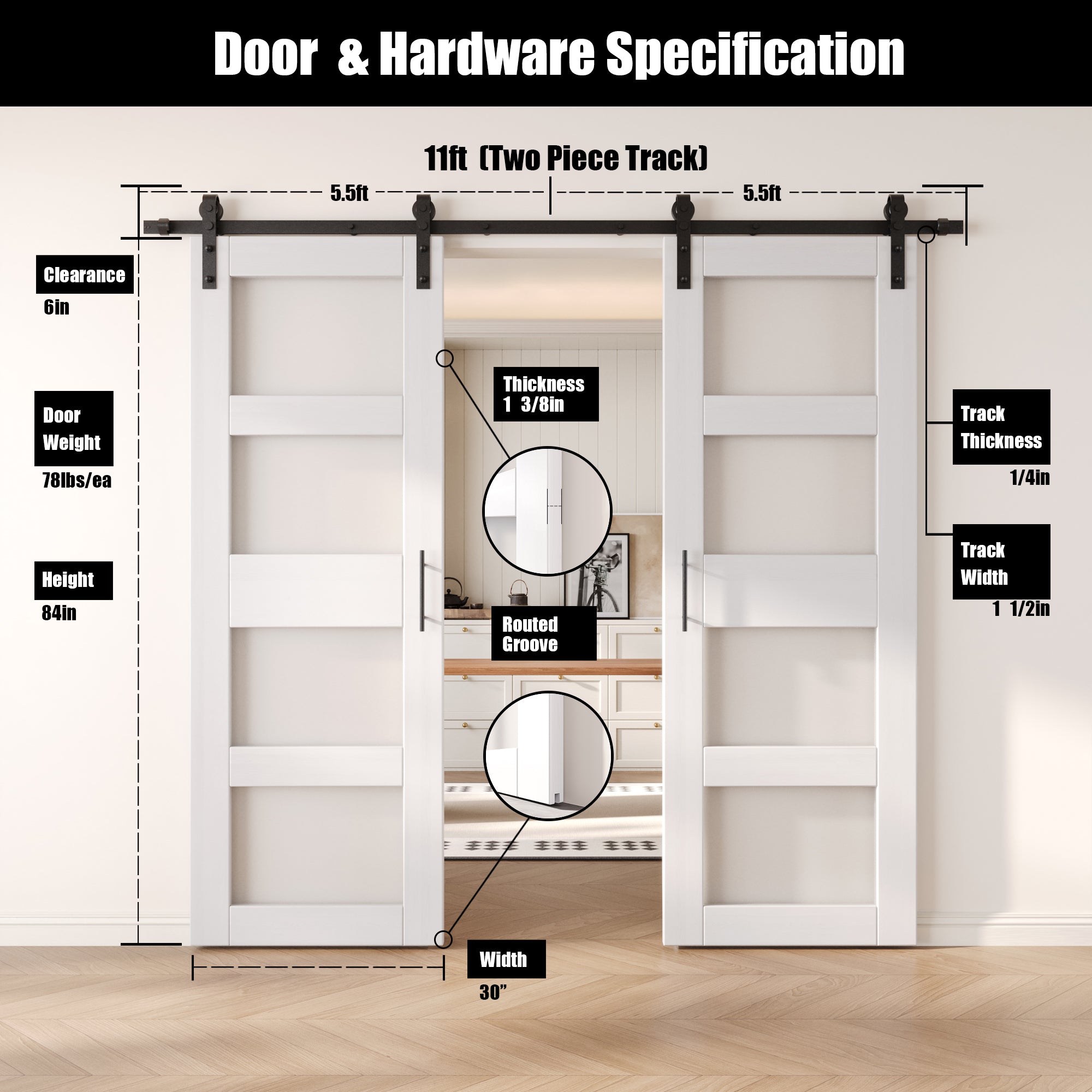 84" Height White 4-Lite Frosted Glass Double Unassembled & Finished Pine Wood Barn Doors with Non-Bypass Installation Hardware Kit (Interior Use Only)