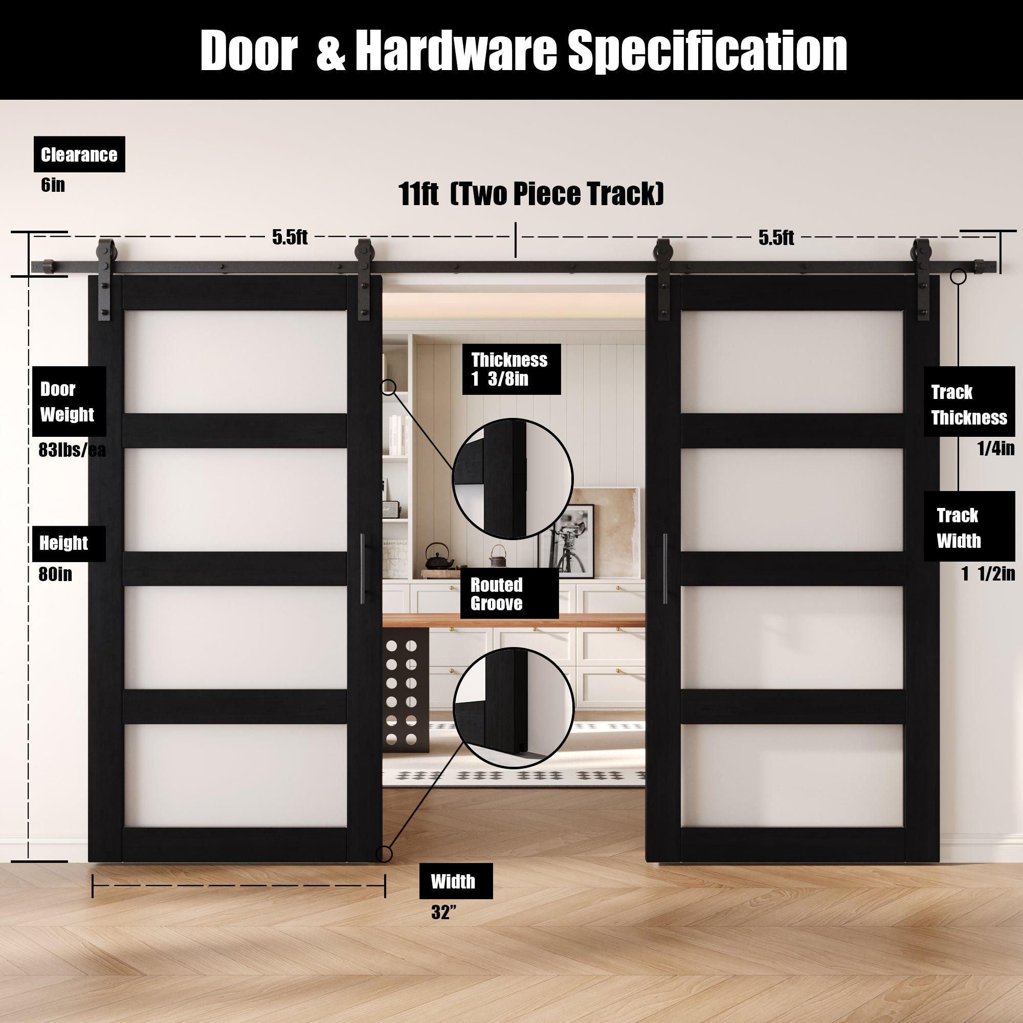 80" Height Black 4-Lite Frosted Glass Double Unassembled & Finished Pine Wood Barn Doors with Non-Bypass Installation Hardware Kit (Interior Use Only)