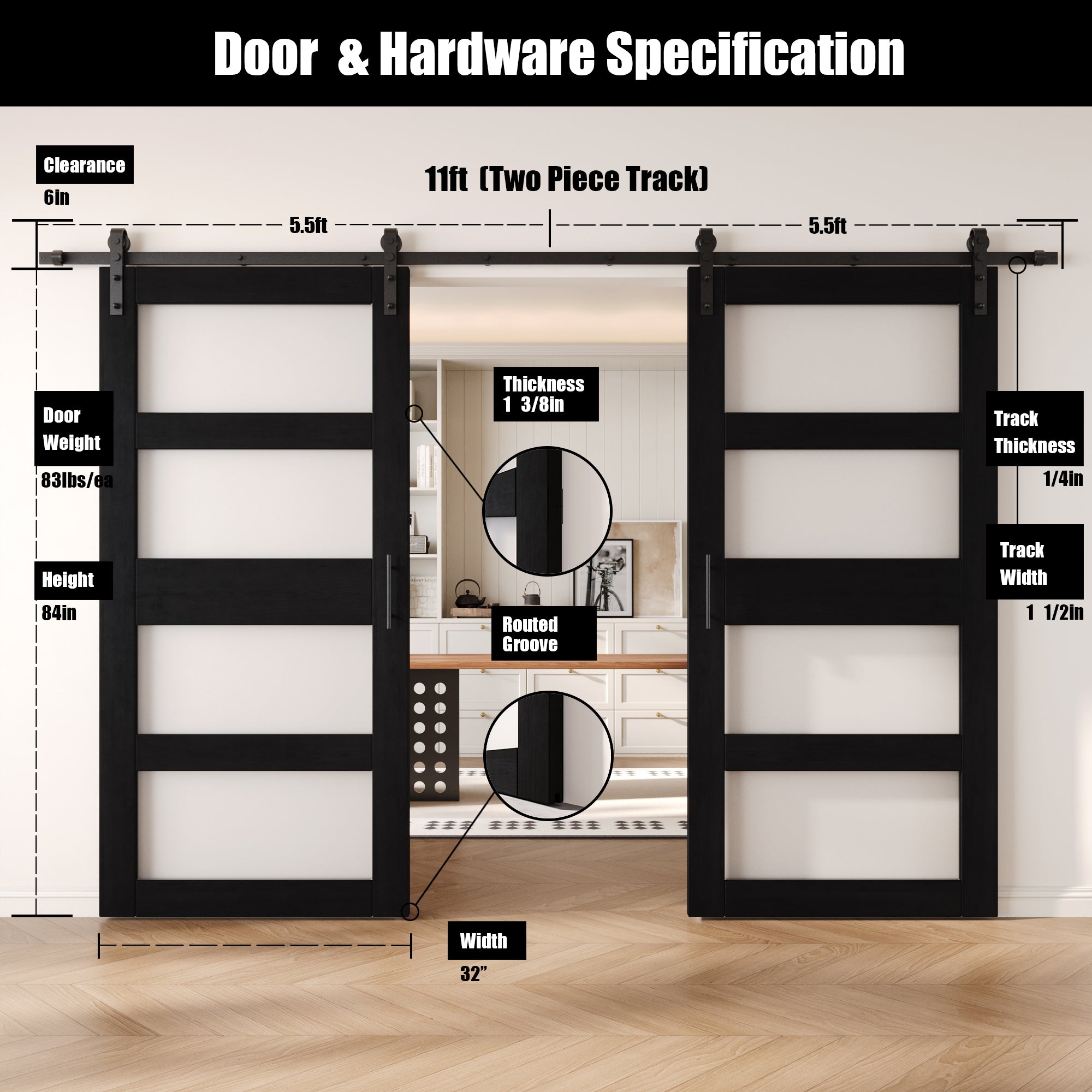 84" Height Black 4-Lite Frosted Glass Double Unassembled & Finished Pine Wood Barn Doors with Non-Bypass Installation Hardware Kit (Interior Use Only)