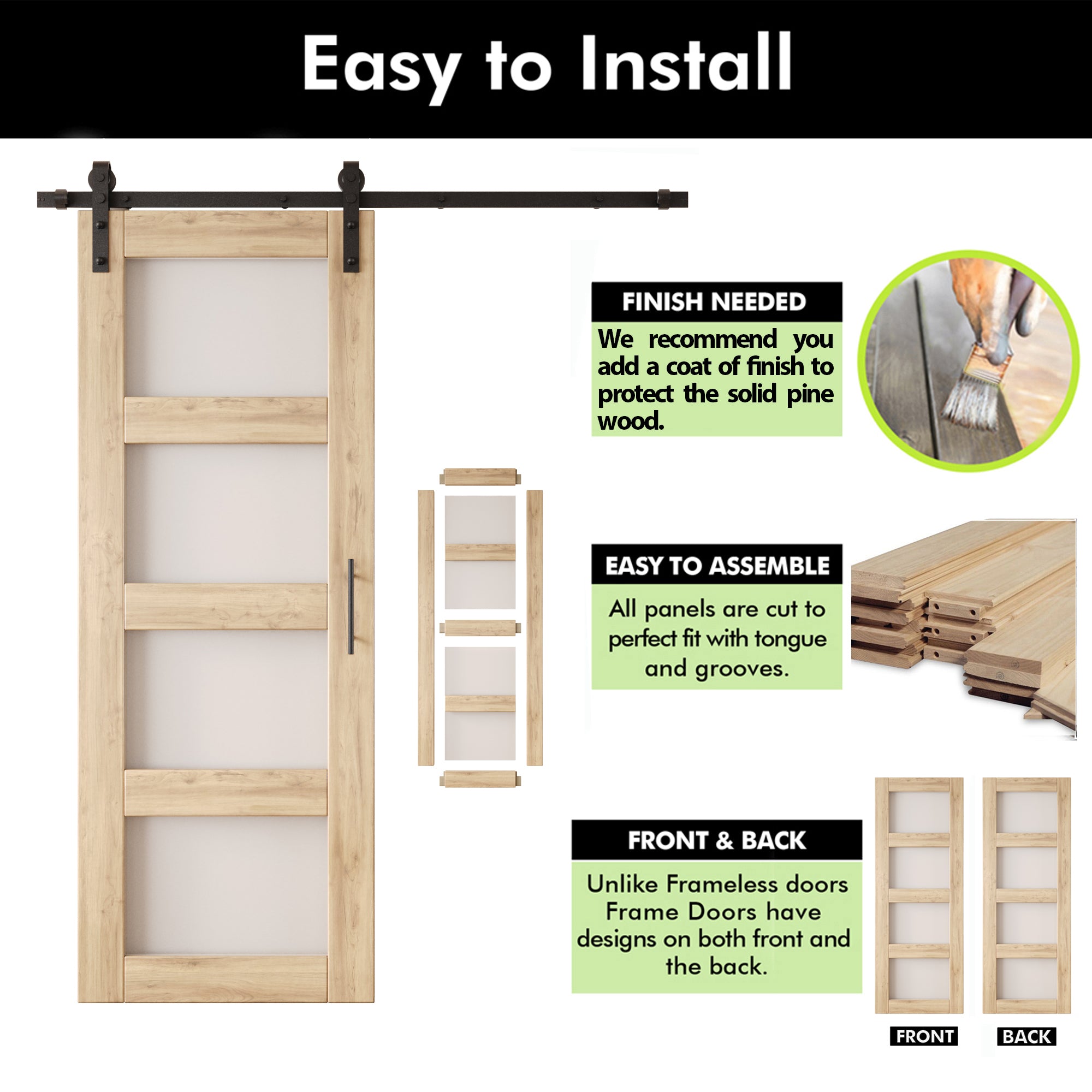 80" Height 4-Lite Frosted Glass Double Unassembled & Unfinished Pine Wood Barn Doors with Non-Bypass Installation Hardware Kit (Interior Use Only)