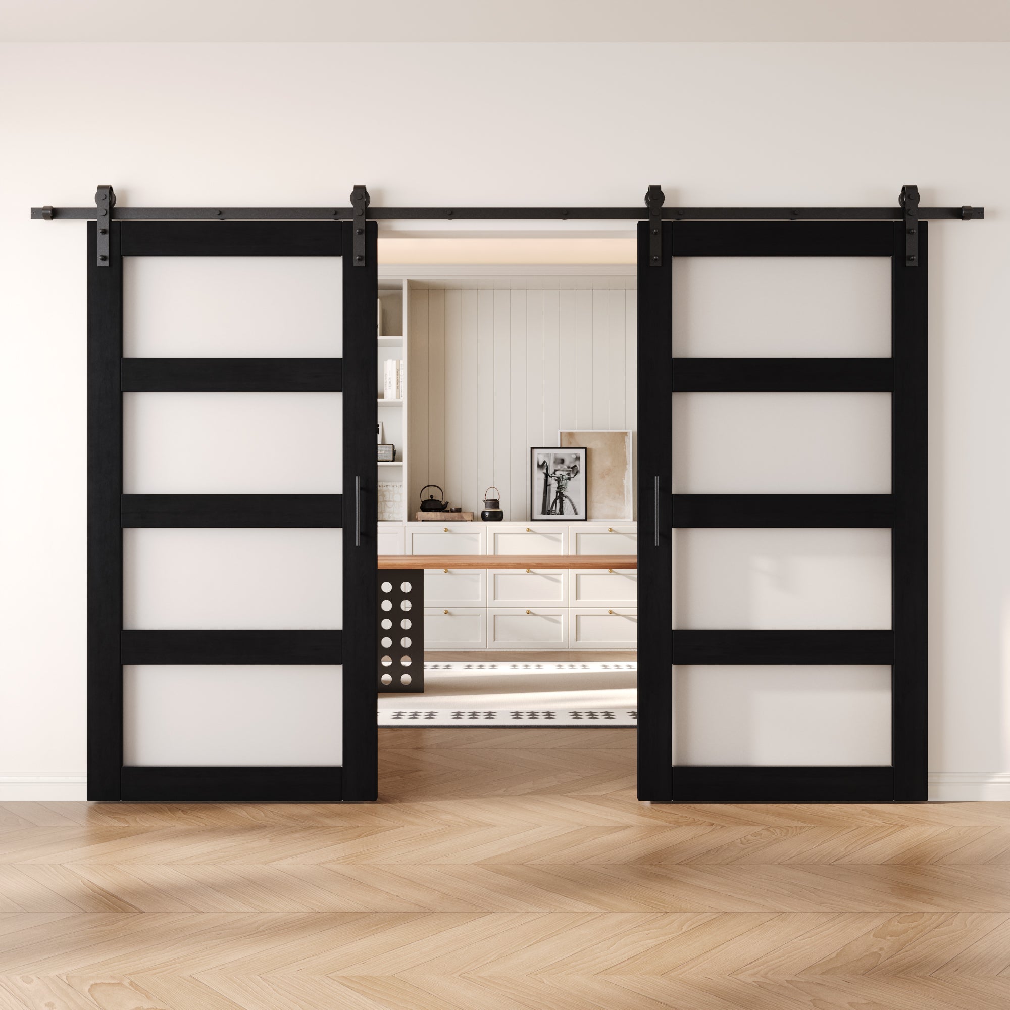 80" Height Black 4-Lite Frosted Glass Double Unassembled & Finished Pine Wood Barn Doors with Non-Bypass Installation Hardware Kit (Interior Use Only)