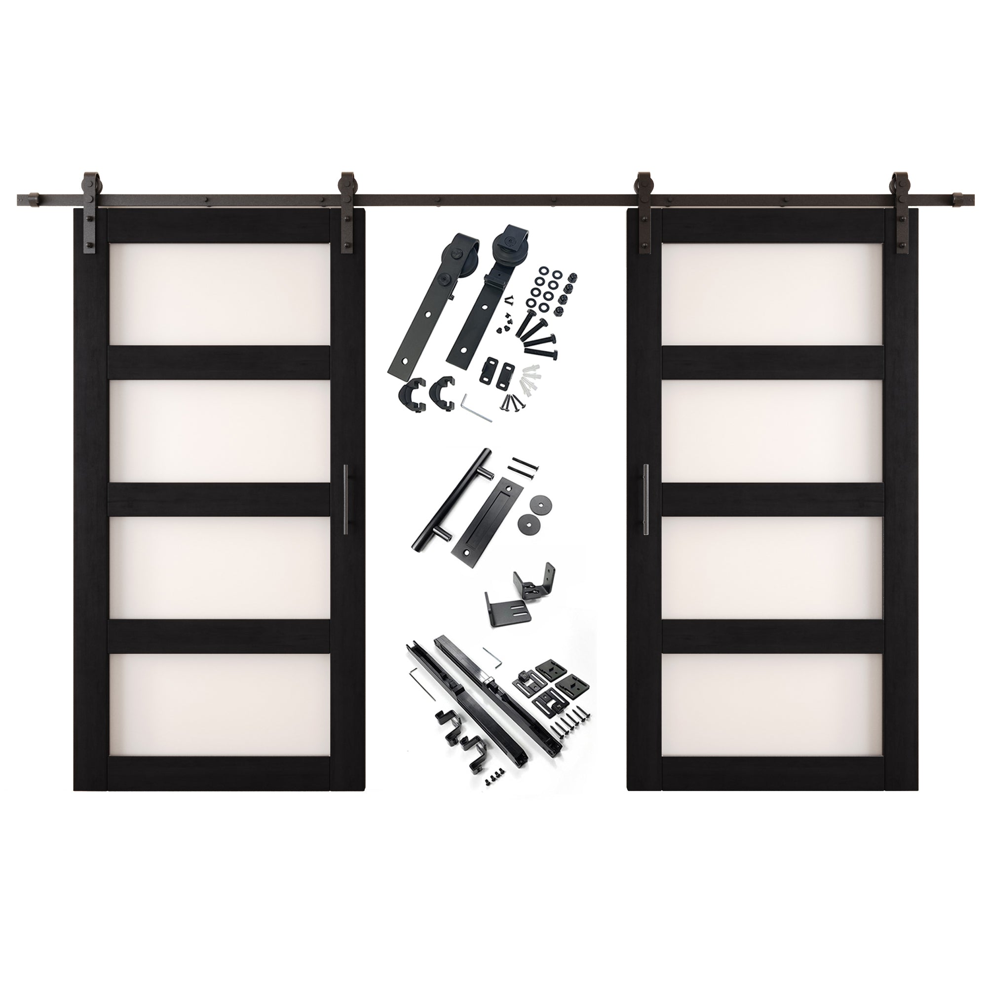 80" Height Black 4-Lite Frosted Glass Double Unassembled & Finished Pine Wood Barn Doors with Non-Bypass Installation Hardware Kit (Interior Use Only)