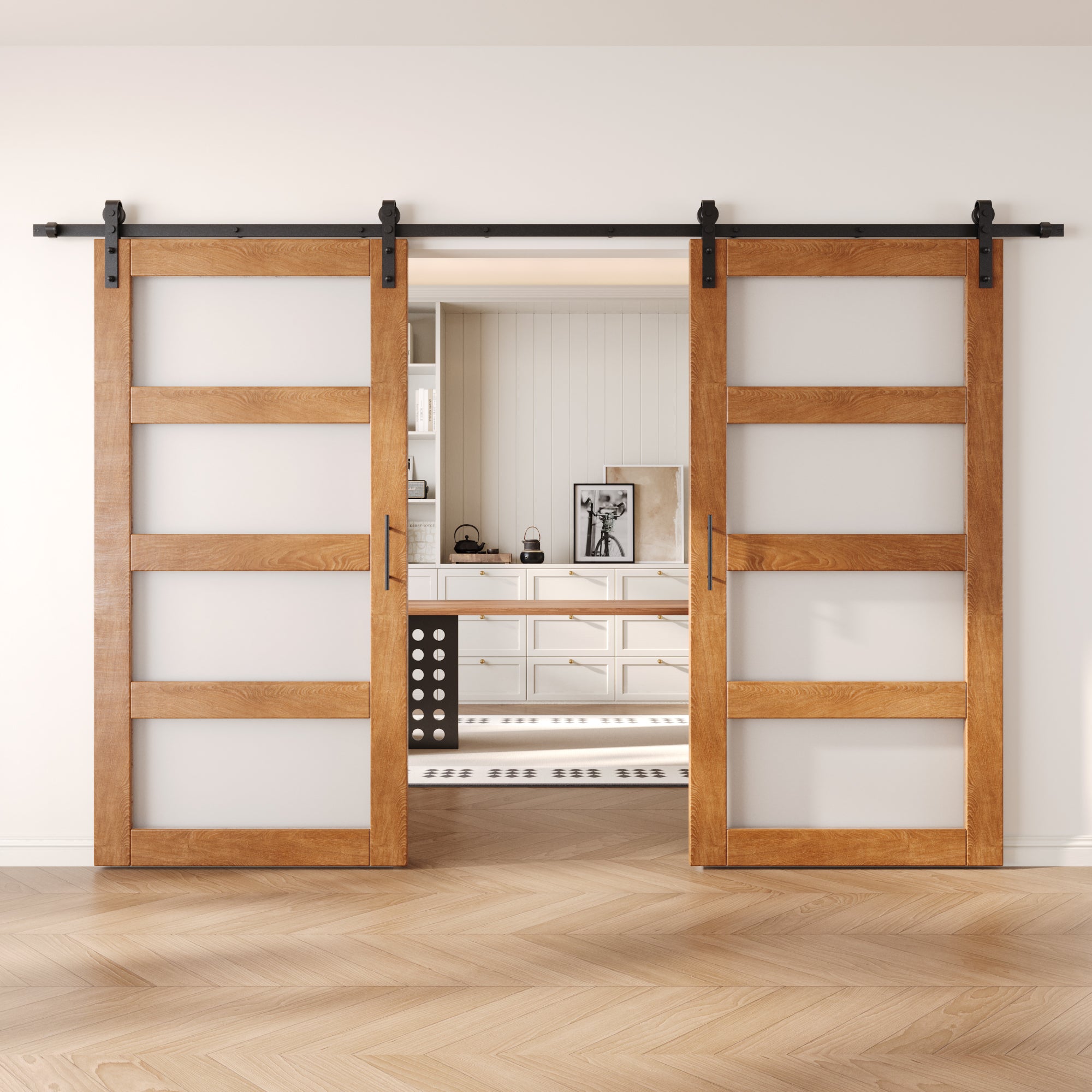 80" Height Early American 4-Lite Frosted Glass Double Unassembled & Finished Pine Wood Barn Doors with Non-Bypass Installation Hardware Kit (Interior Use Only)