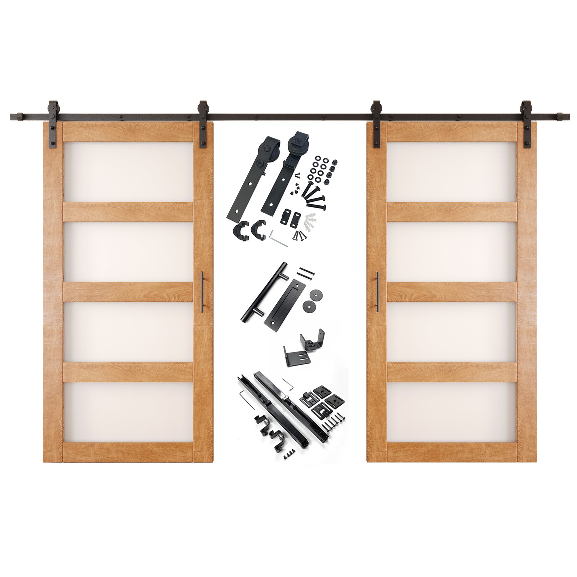 80" Height Early American 4-Lite Frosted Glass Double Unassembled & Finished Pine Wood Barn Doors with Non-Bypass Installation Hardware Kit (Interior Use Only)