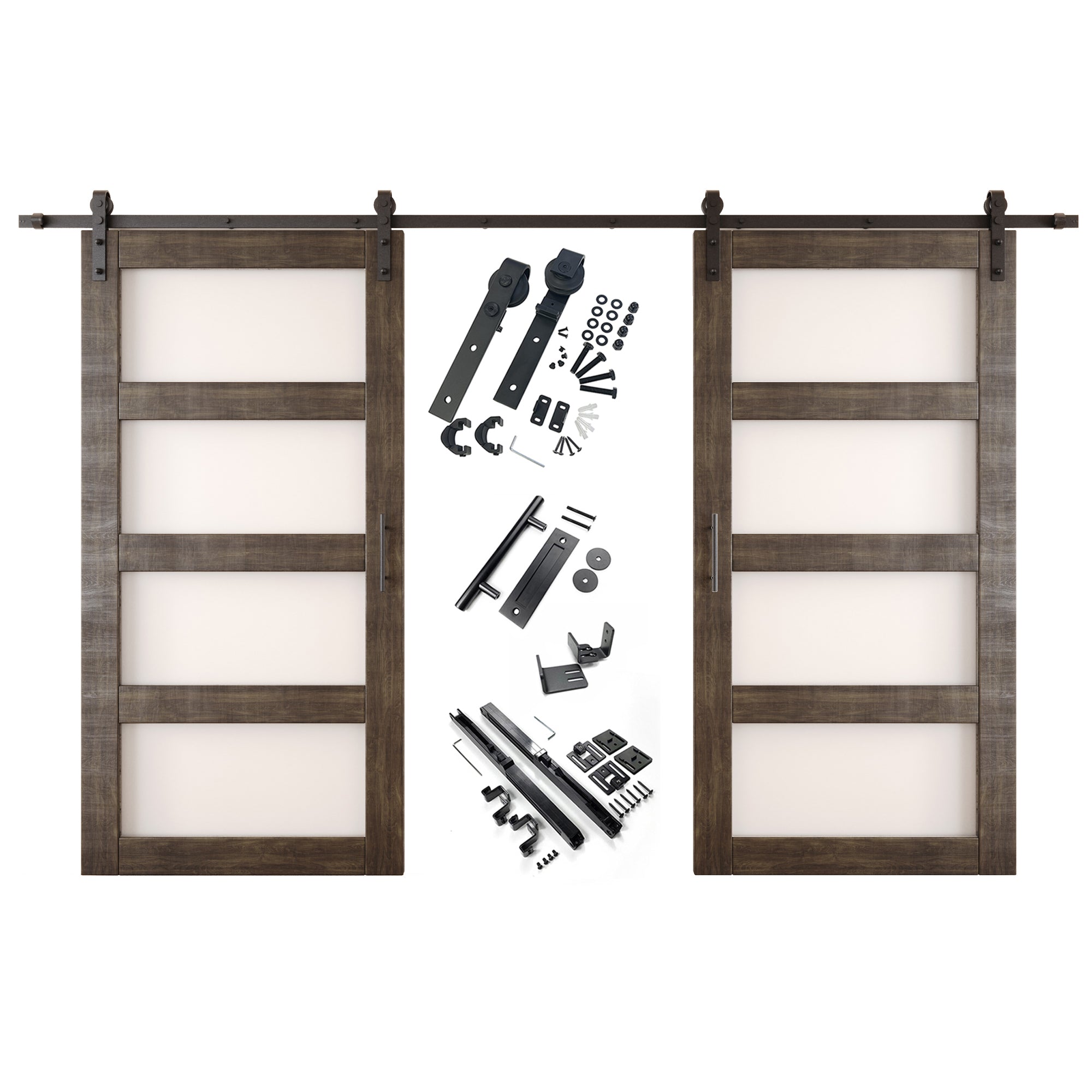 80" Height Ebony 4-Lite Frosted Glass Double Unassembled & Finished Pine Wood Barn Doors with Non-Bypass Installation Hardware Kit (Interior Use Only)