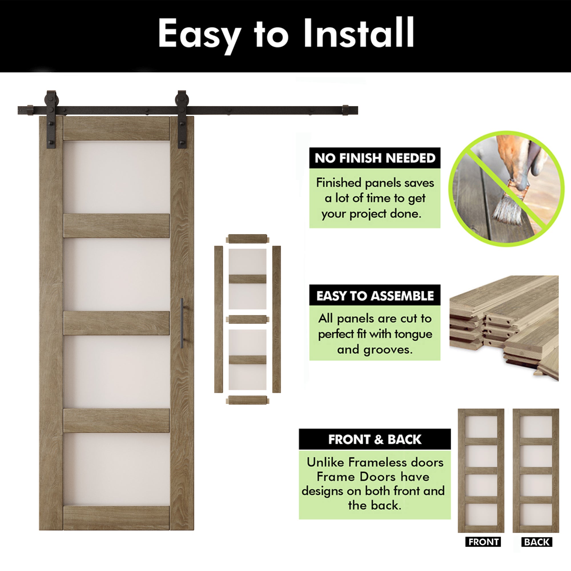 80" Height Classic Gray 4-Lite Frosted Glass Double Unassembled & Finished Pine Wood Barn Doors with Non-Bypass Installation Hardware Kit (Interior Use Only)