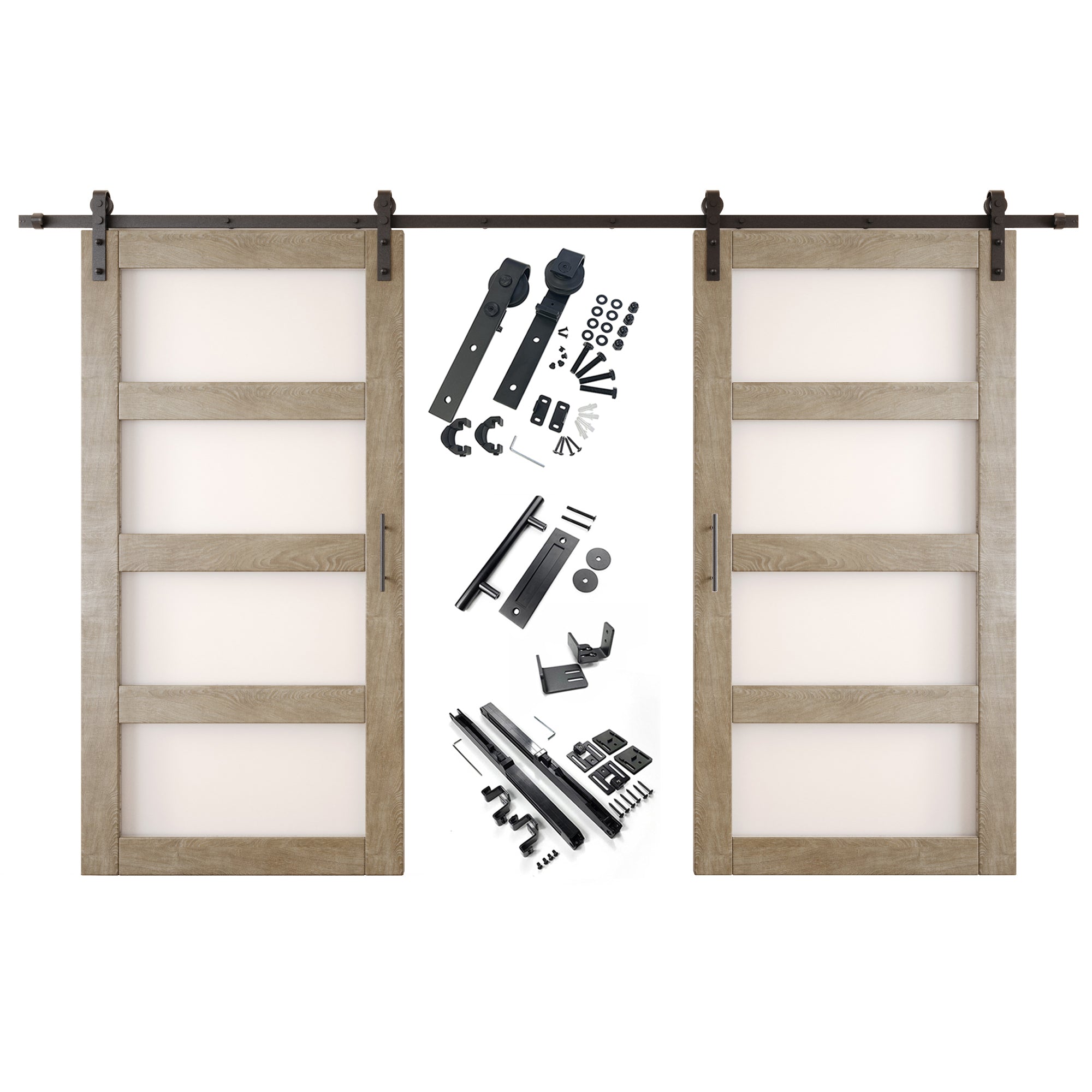 80" Height Classic Gray 4-Lite Frosted Glass Double Unassembled & Finished Pine Wood Barn Doors with Non-Bypass Installation Hardware Kit (Interior Use Only)
