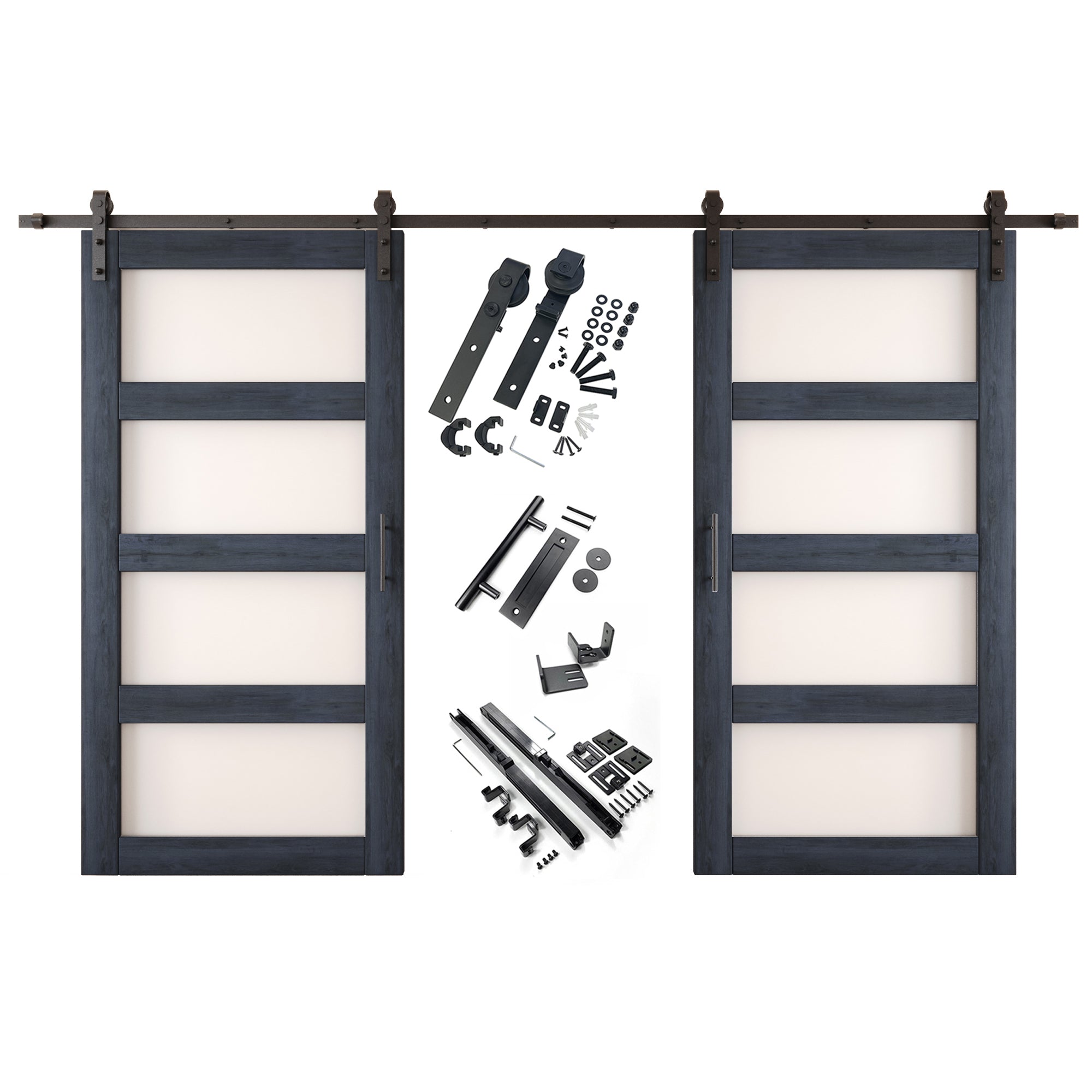 80" Height Navy 4-Lite Frosted Glass Double Unassembled & Finished Pine Wood Barn Doors with Non-Bypass Installation Hardware Kit (Interior Use Only)