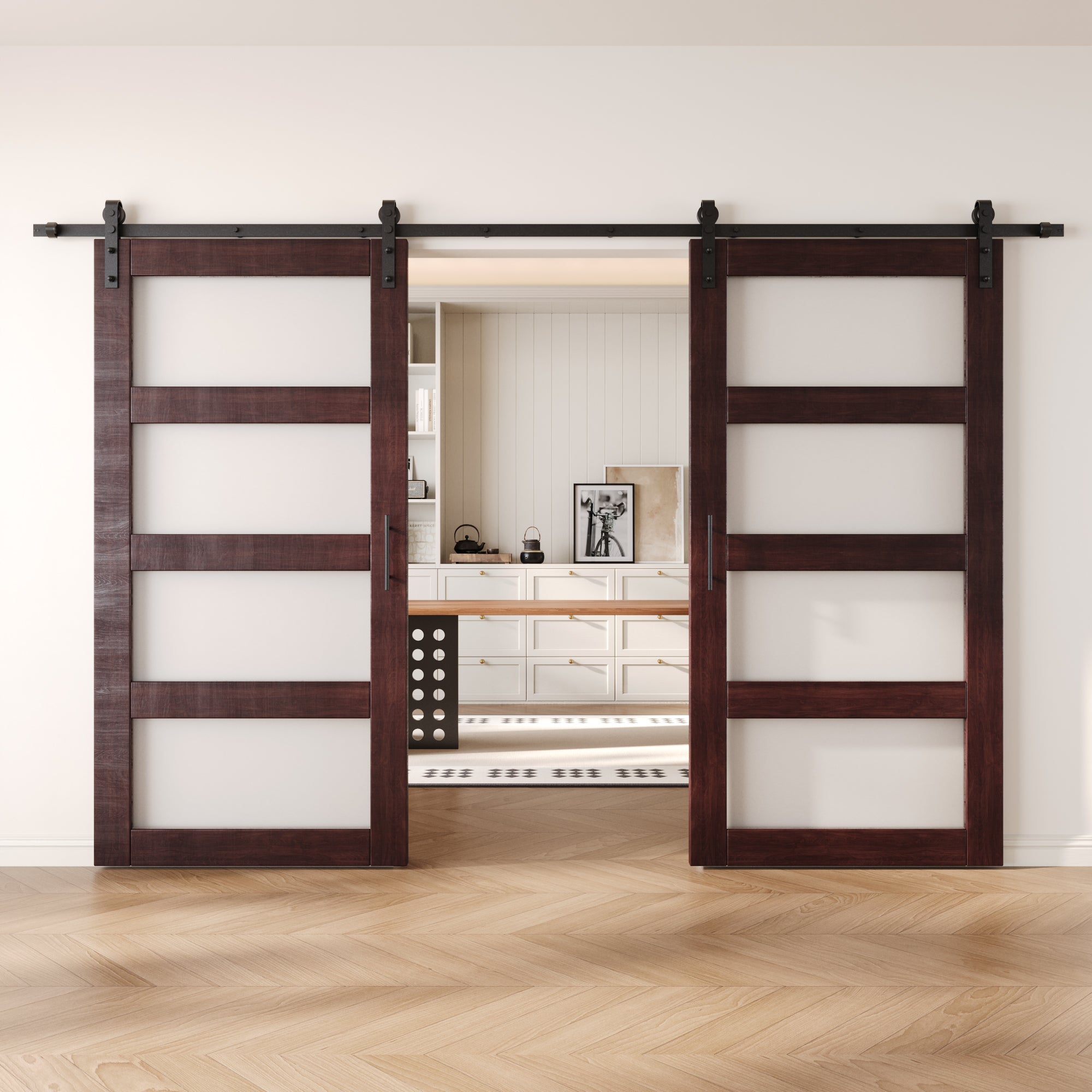 80" Height Red Mahogany 4-Lite Frosted Glass Double Unassembled & Finished Pine Wood Barn Doors with Non-Bypass Installation Hardware Kit (Interior Use Only)