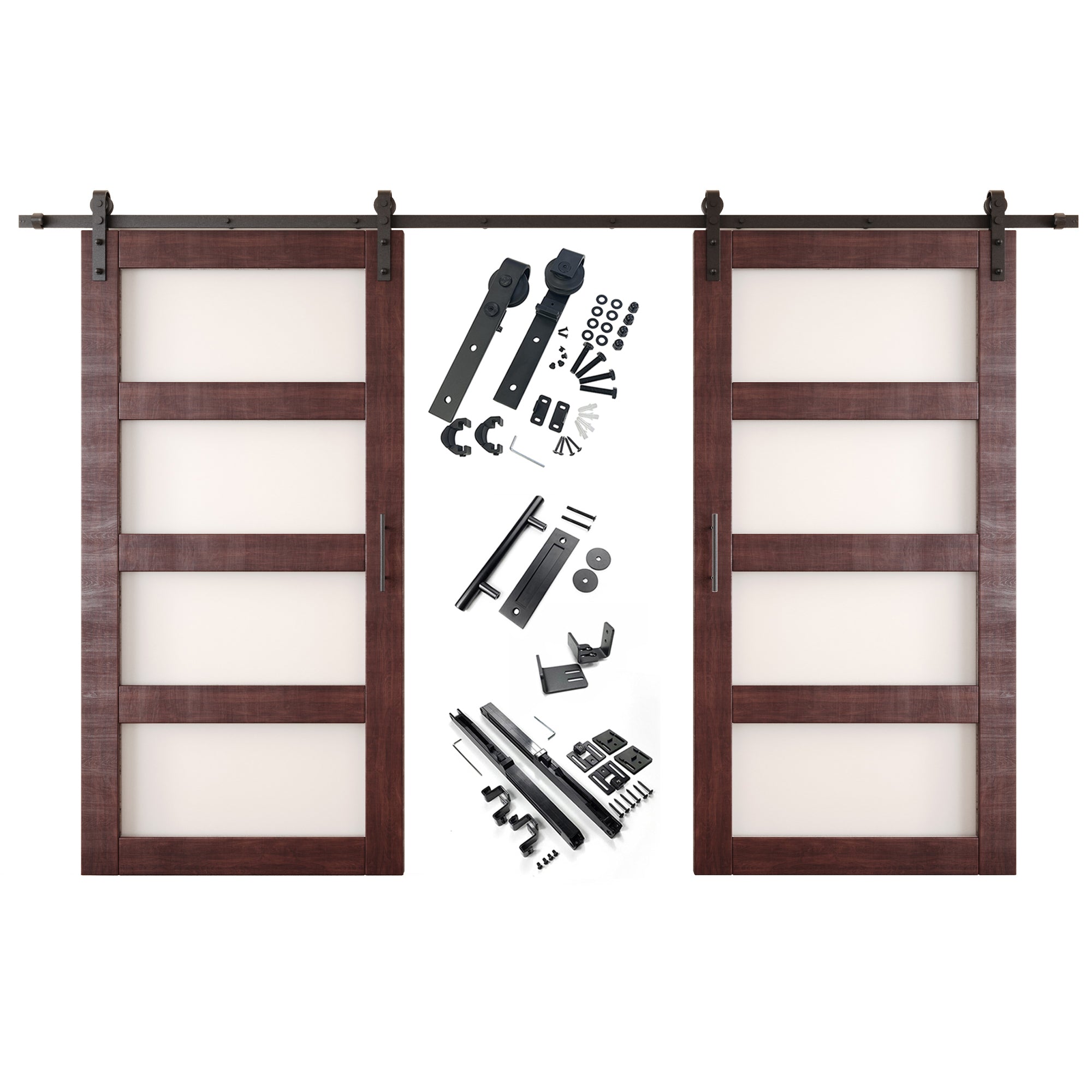 80" Height Red Mahogany 4-Lite Frosted Glass Double Unassembled & Finished Pine Wood Barn Doors with Non-Bypass Installation Hardware Kit (Interior Use Only)