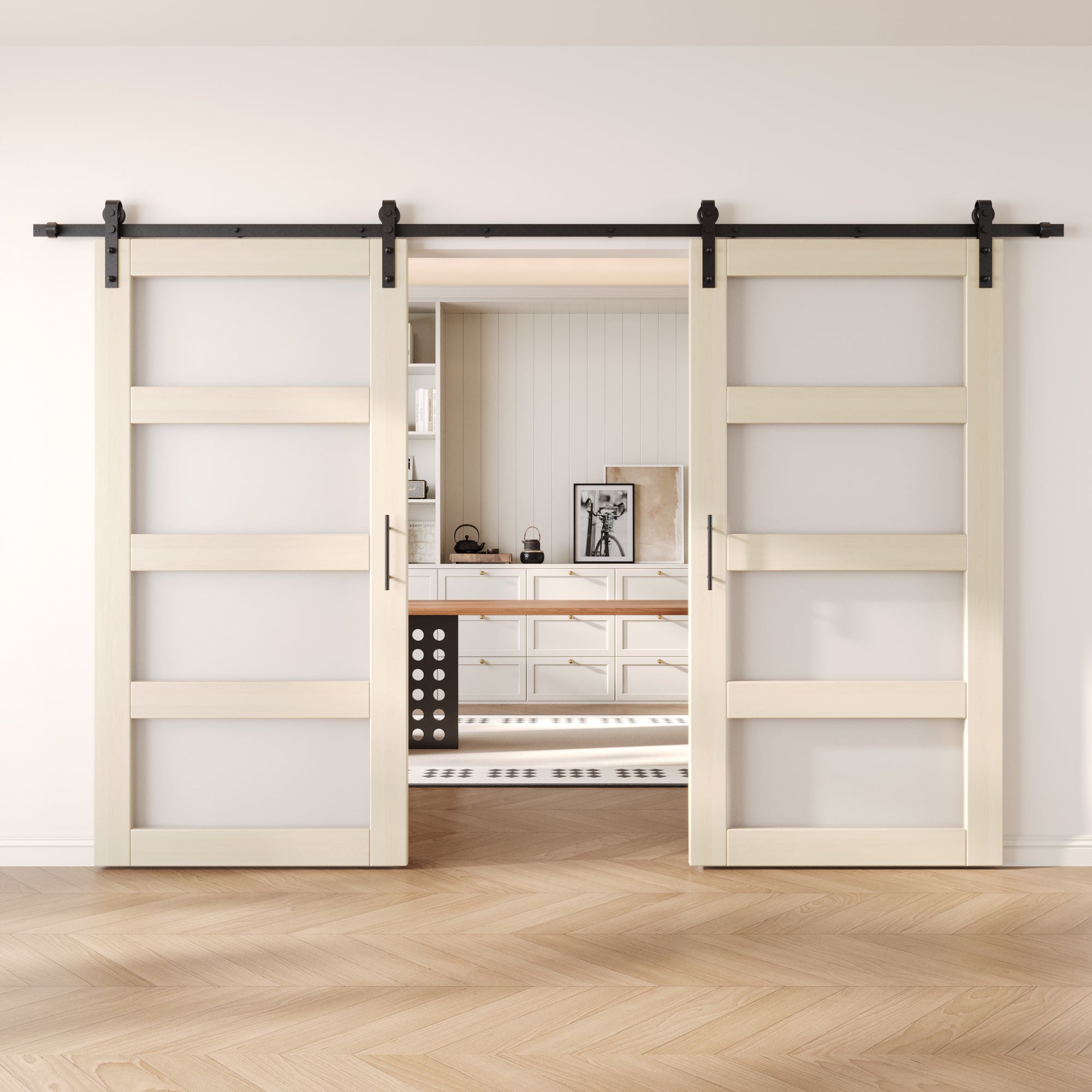 80" Height Tinsmith Gray 4-Lite Frosted Glass Double Unassembled & Finished Pine Wood Barn Doors with Non-Bypass Installation Hardware Kit (Interior Use Only)