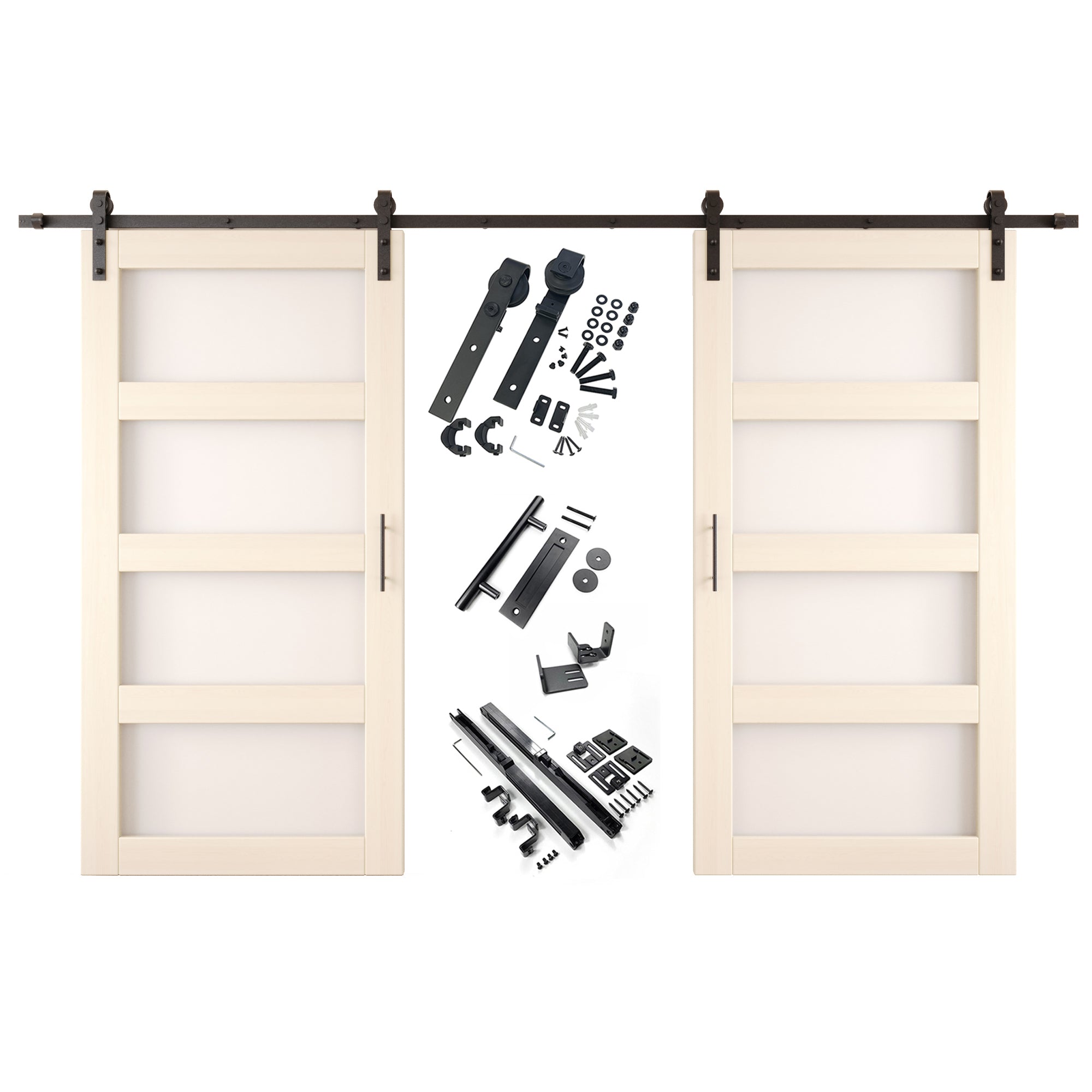 80" Height Tinsmith Gray 4-Lite Frosted Glass Double Unassembled & Finished Pine Wood Barn Doors with Non-Bypass Installation Hardware Kit (Interior Use Only)