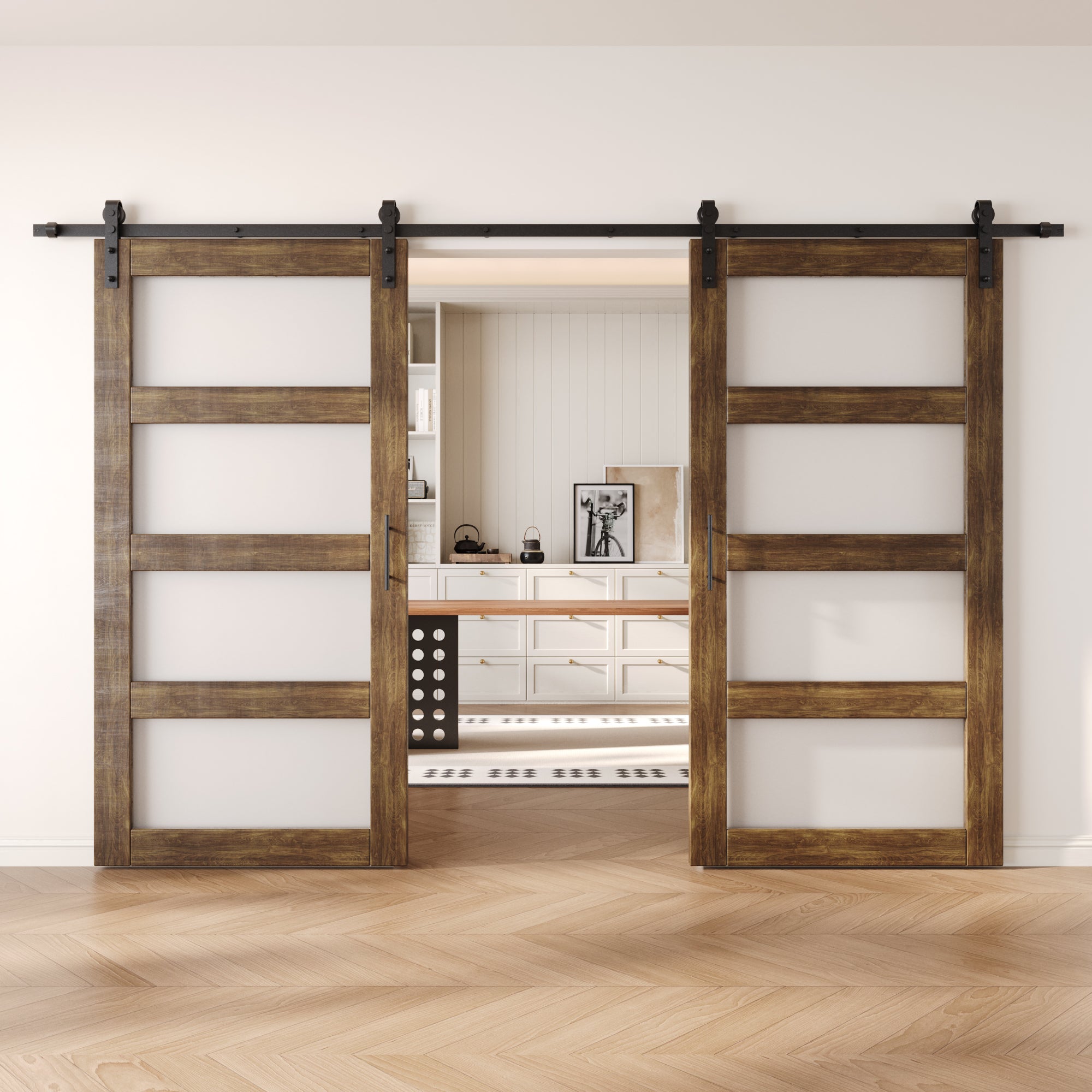 80" Height Dark Walnut 4-Lite Frosted Glass Double Unassembled & Finished Pine Wood Barn Doors with Non-Bypass Installation Hardware Kit (Interior Use Only)