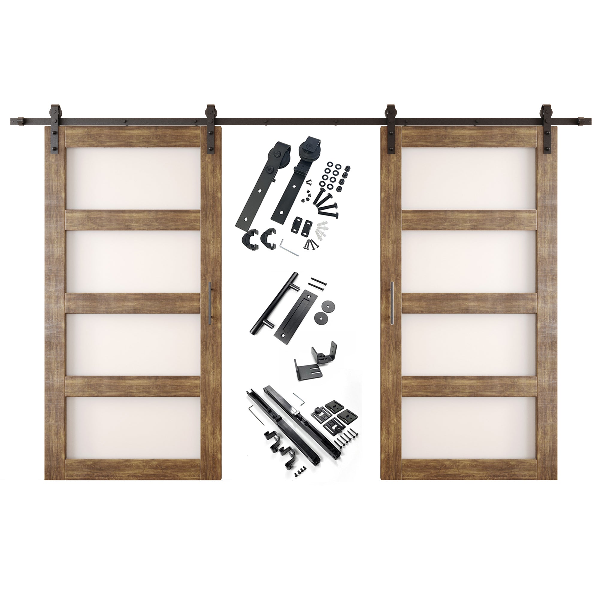 80" Height Dark Walnut 4-Lite Frosted Glass Double Unassembled & Finished Pine Wood Barn Doors with Non-Bypass Installation Hardware Kit (Interior Use Only)