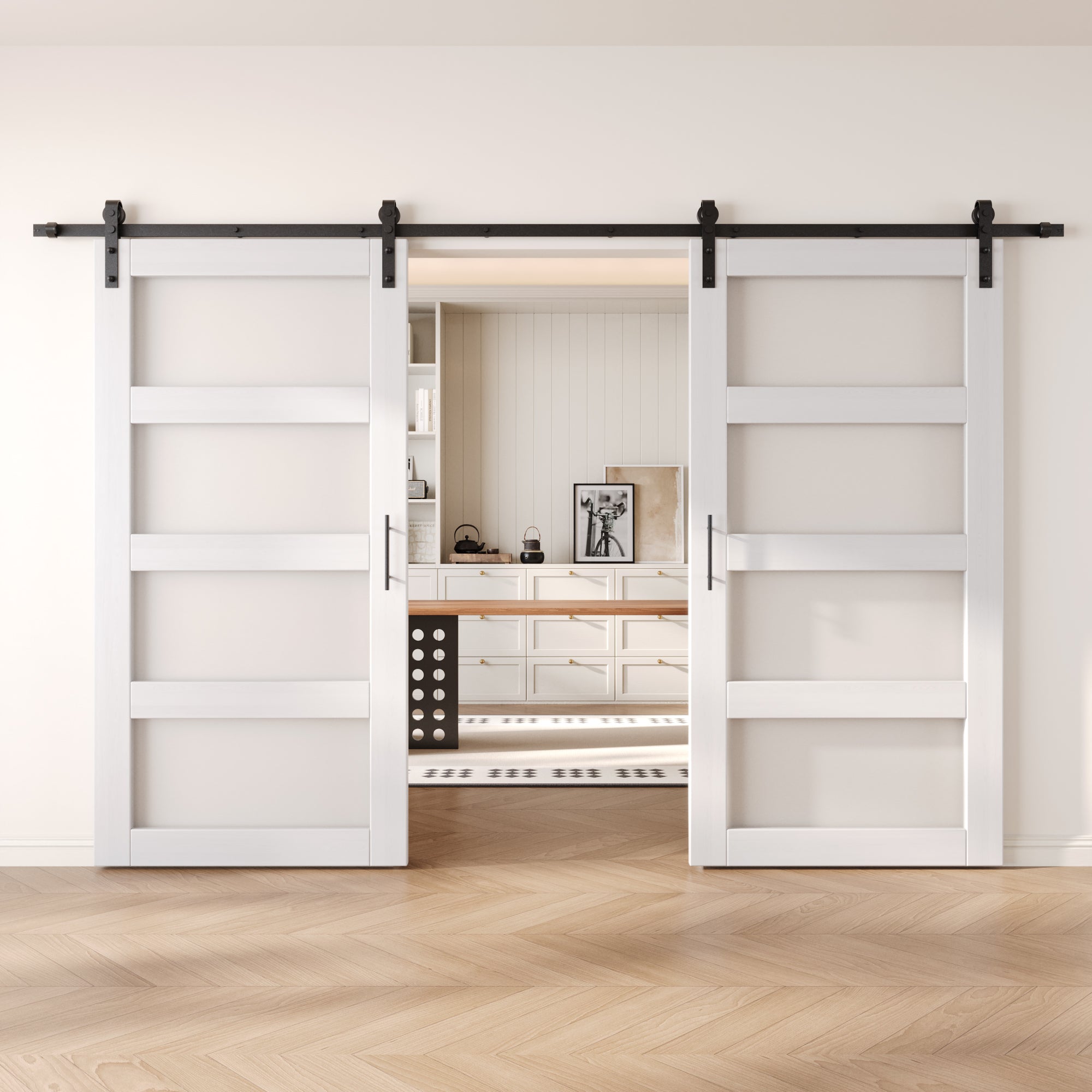 80" Height White 4-Lite Frosted Glass Double Unassembled & Finished Pine Wood Barn Doors with Non-Bypass Installation Hardware Kit (Interior Use Only)