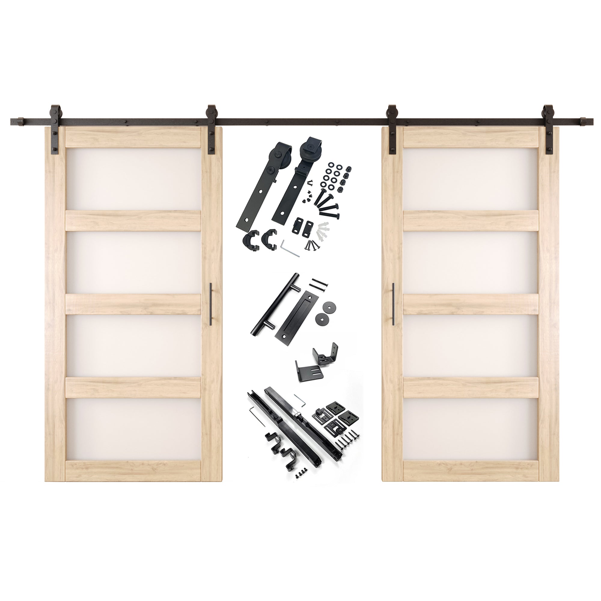 80" Height 4-Lite Frosted Glass Double Unassembled & Unfinished Pine Wood Barn Doors with Non-Bypass Installation Hardware Kit (Interior Use Only)