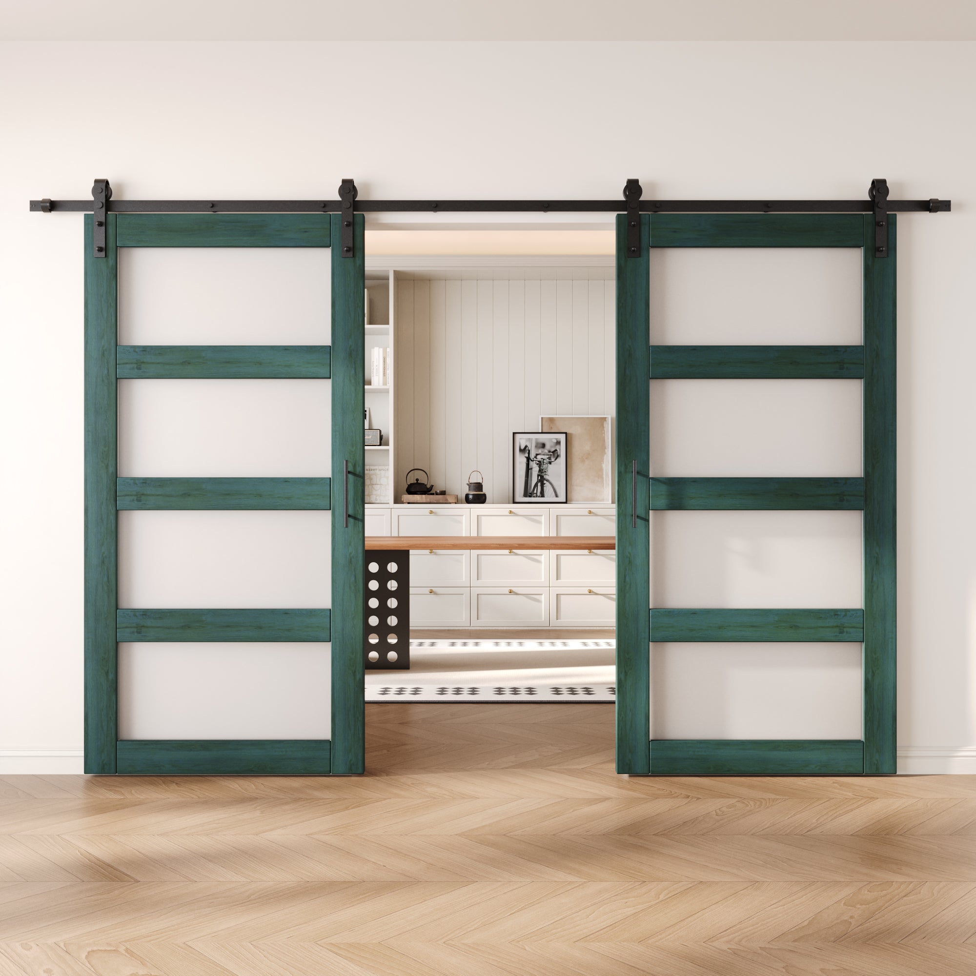 80" Height Royal Pine 4-Lite Frosted Glass Double Unassembled & Finished Pine Wood Barn Doors with Non-Bypass Installation Hardware Kit (Interior Use Only)