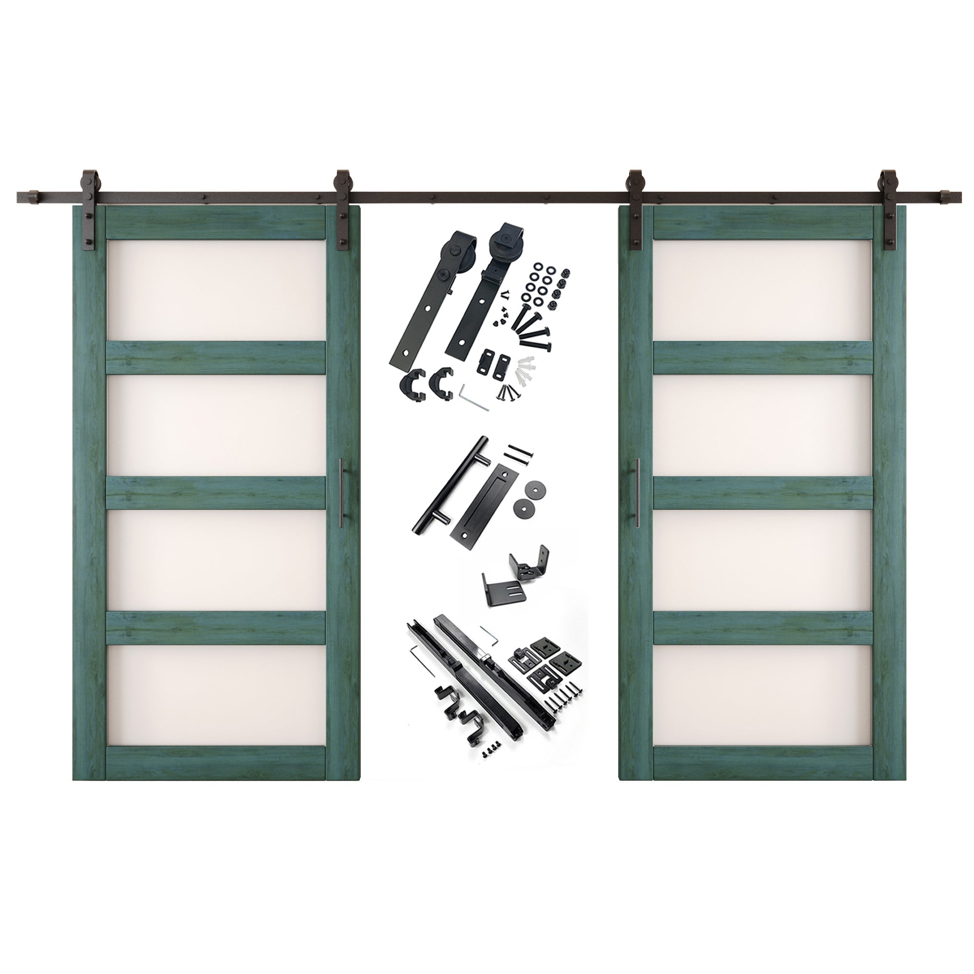 80" Height Royal Pine 4-Lite Frosted Glass Double Unassembled & Finished Pine Wood Barn Doors with Non-Bypass Installation Hardware Kit (Interior Use Only)