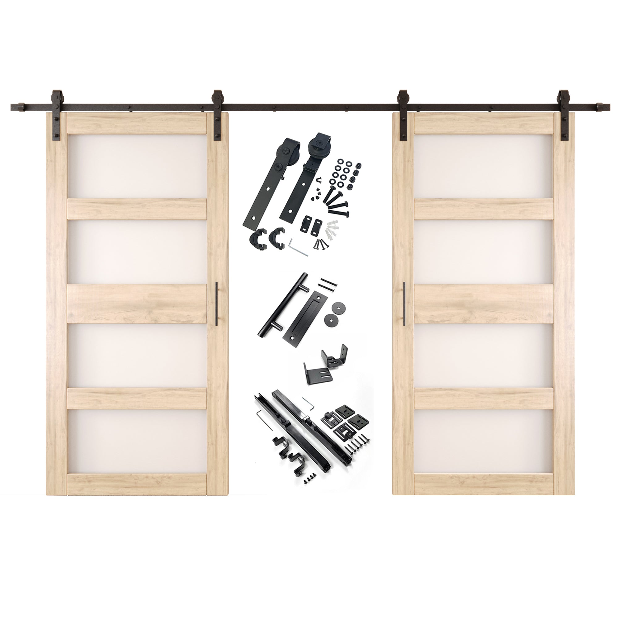 84" Height 4-Lite Frosted Glass Double Unassembled & Unfinished Pine Wood Barn Doors with Non-Bypass Installation Hardware Kit (Interior Use Only)