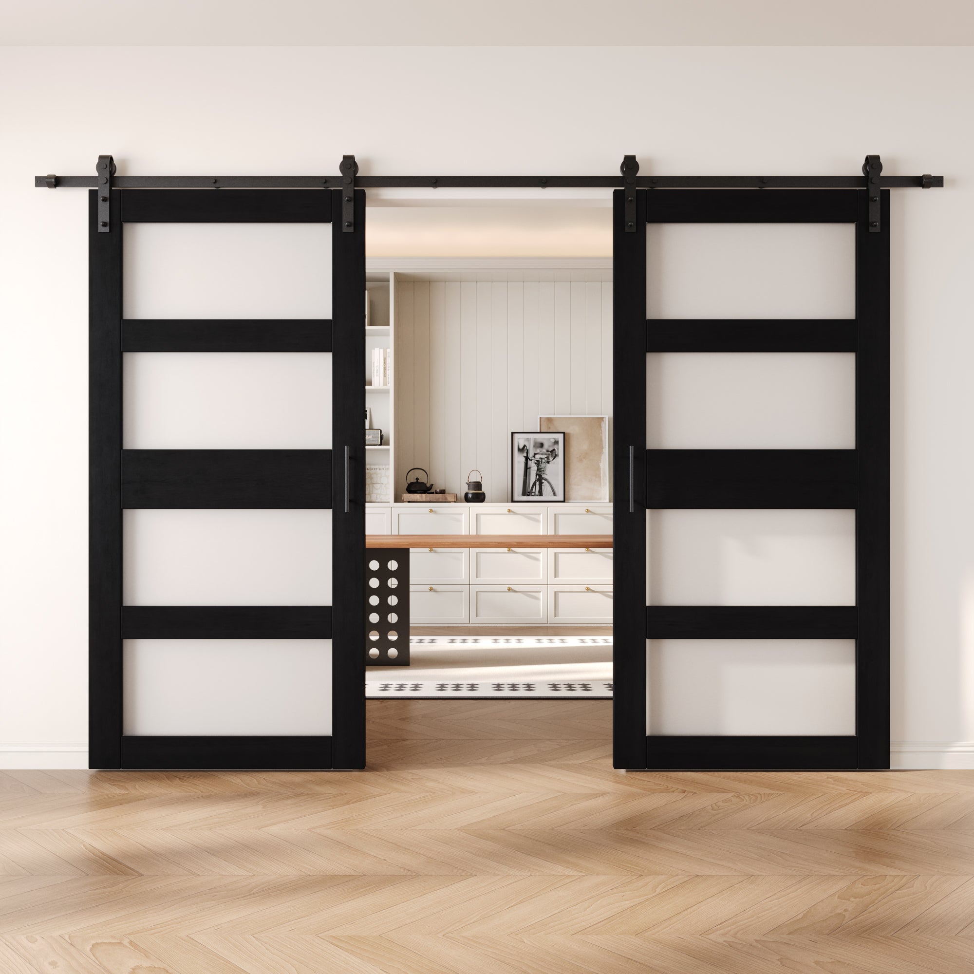 84" Height Black 4-Lite Frosted Glass Double Unassembled & Finished Pine Wood Barn Doors with Non-Bypass Installation Hardware Kit (Interior Use Only)