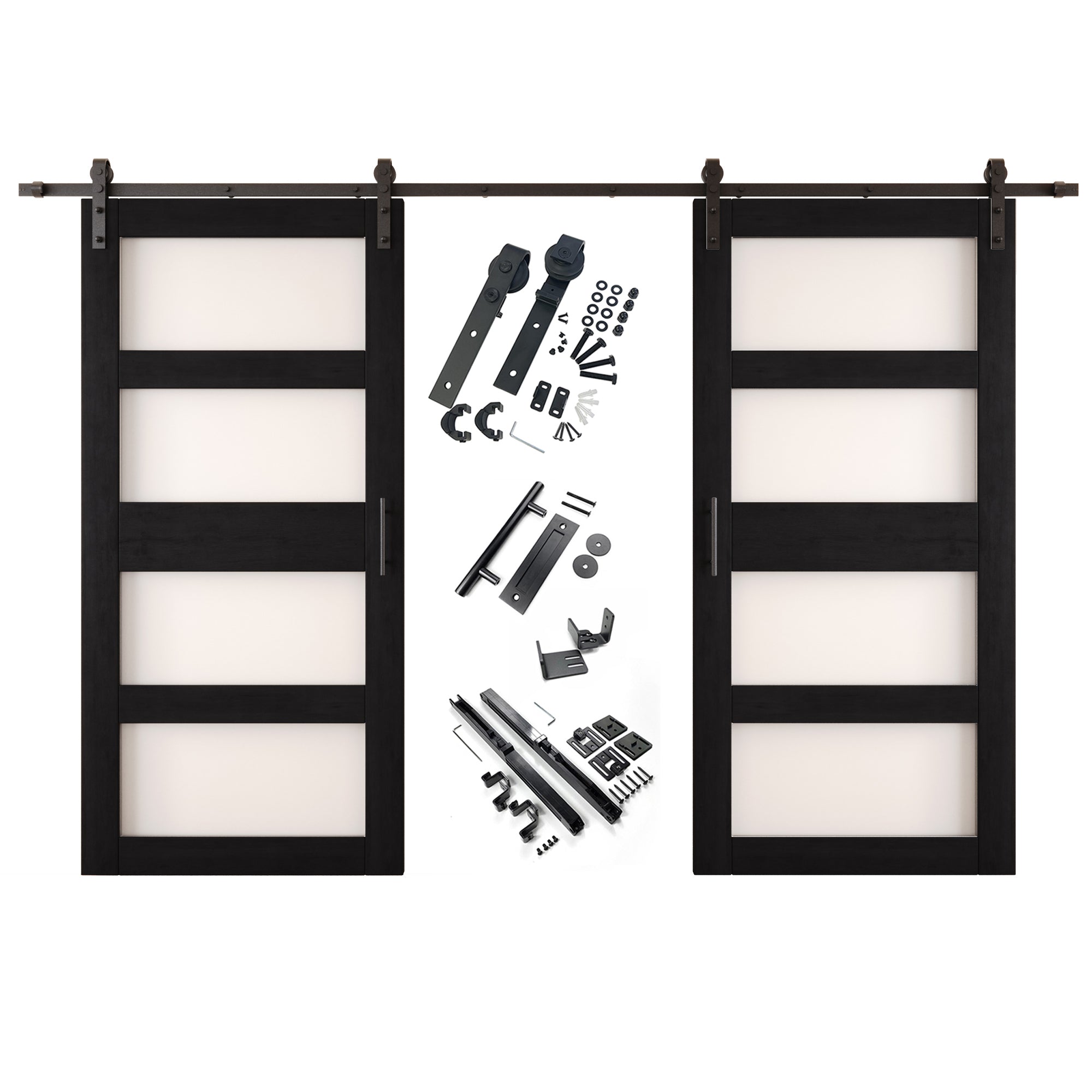 84" Height Black 4-Lite Frosted Glass Double Unassembled & Finished Pine Wood Barn Doors with Non-Bypass Installation Hardware Kit (Interior Use Only)
