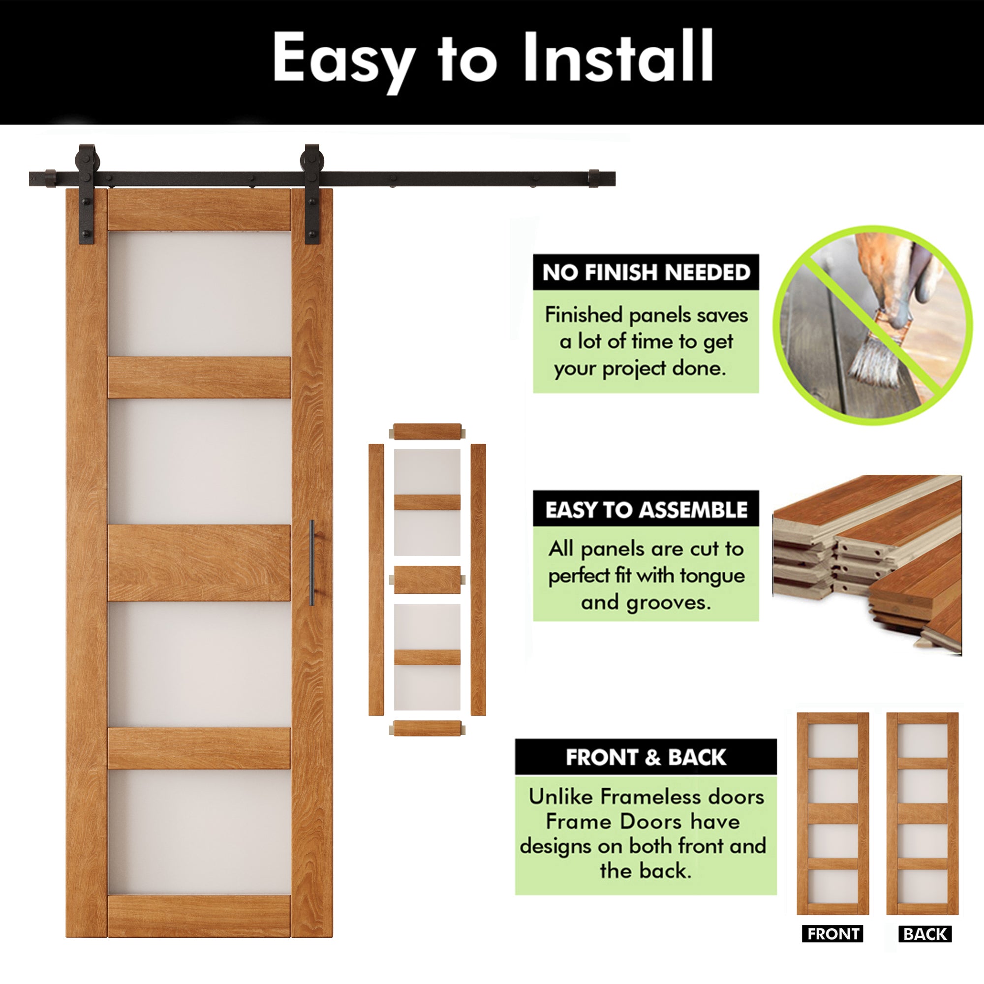 84" Height Early American 4-Lite Frosted Glass Double Unassembled & Finished Pine Wood Barn Doors with Non-Bypass Installation Hardware Kit (Interior Use Only)
